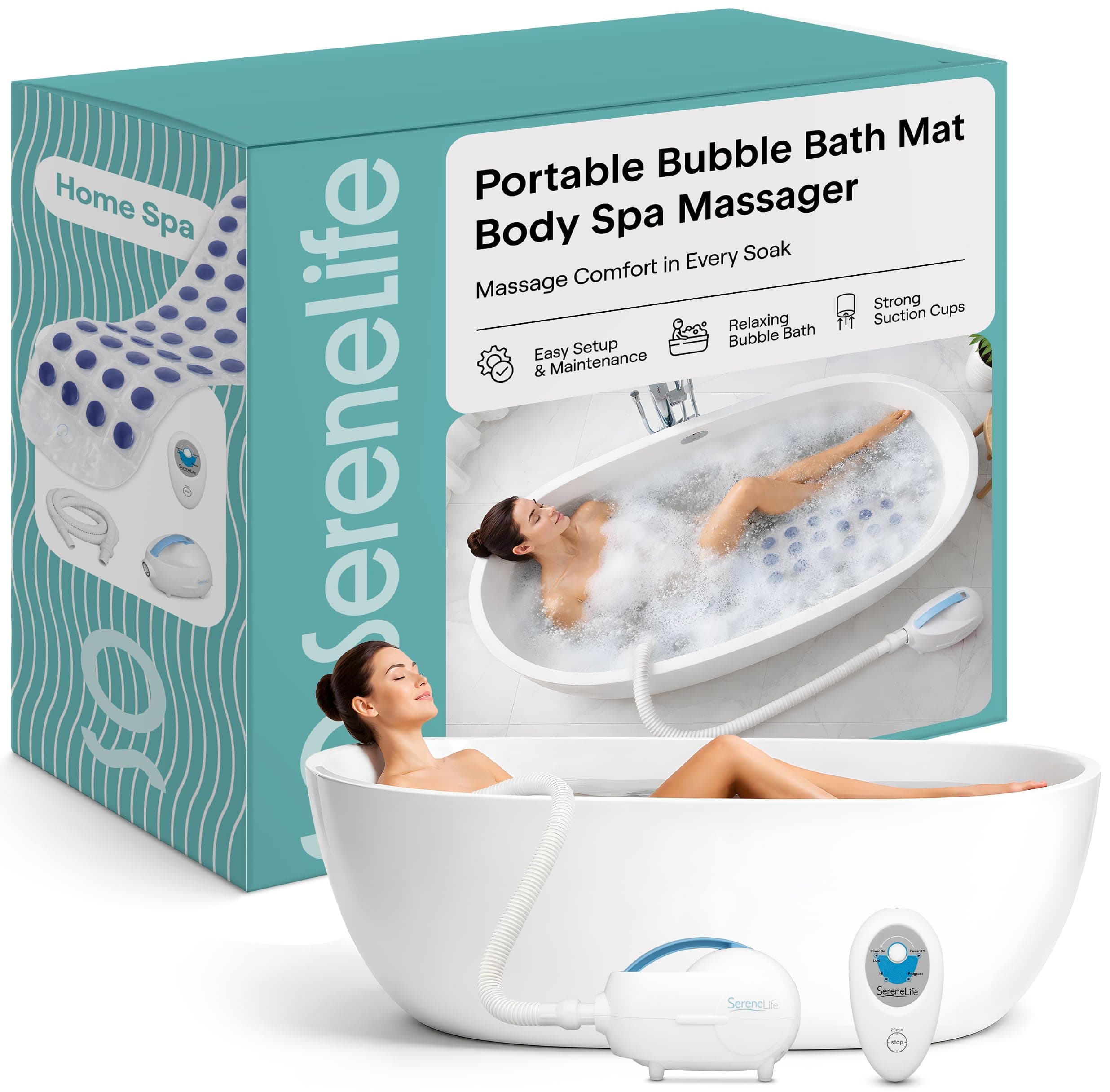 SereneLife Bubble Bath Mat, Bathtub Mat with Air Massage and Remote Control, Waterproof, Non-Slip, Adjustable Bubble Intensity, Aroma Diffuser, 47x14.2 Inch Full Body Spa Massager