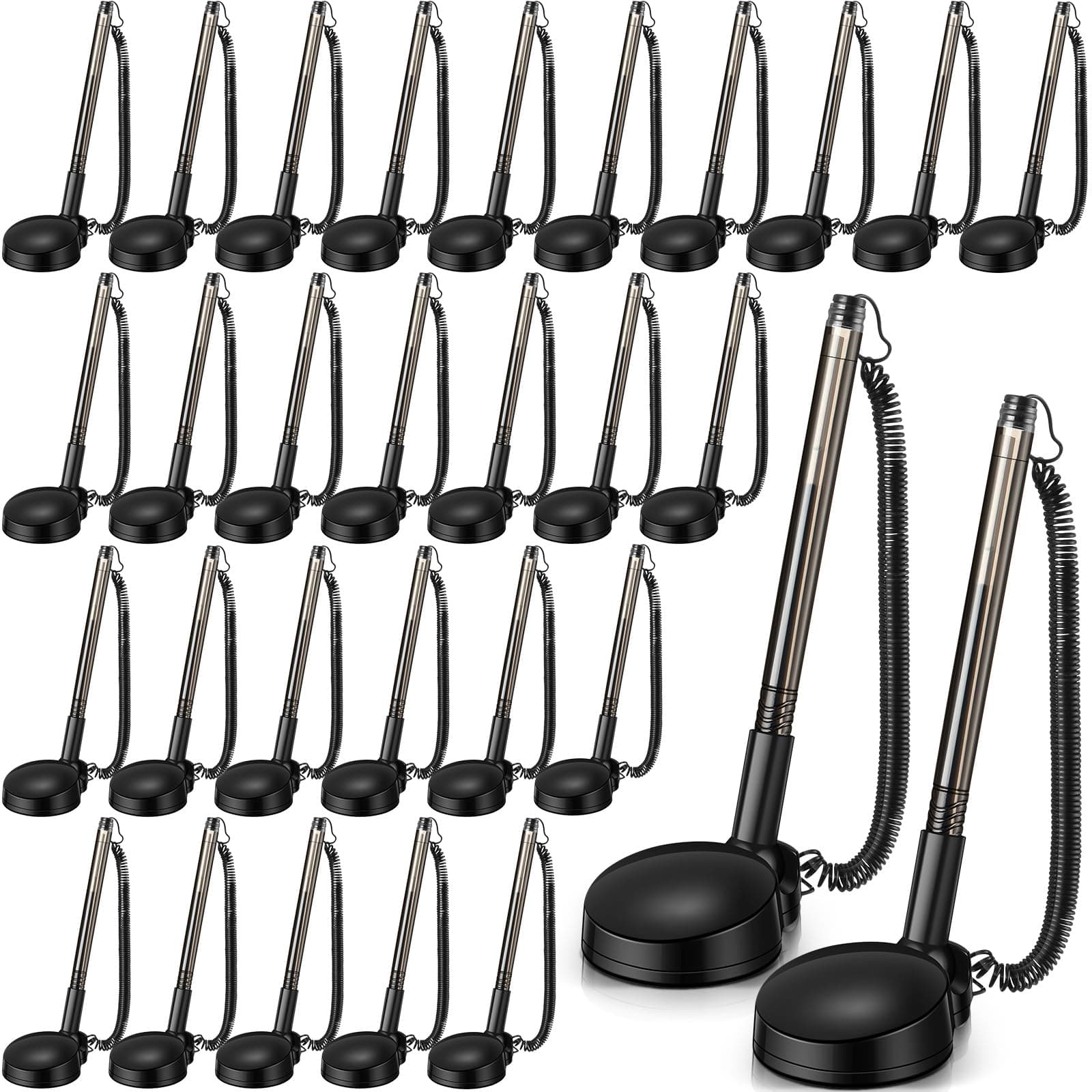 Dunzoom 30 Pack Secure Pen with Adhesive Chain and Holder Counter Pen with Chain and Base for Home Workplace Office School Supplies, Black