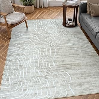 LIVEBOX Modern Abstract 5x7 Area Rugs for Living Room, Beige Washable Rugs for Bedroom, Non-Slip Minimalist Neutral Wave Striped Rugs for Playroom Nursery Boys, Throw Accent Rug Carpet for Dining Room
