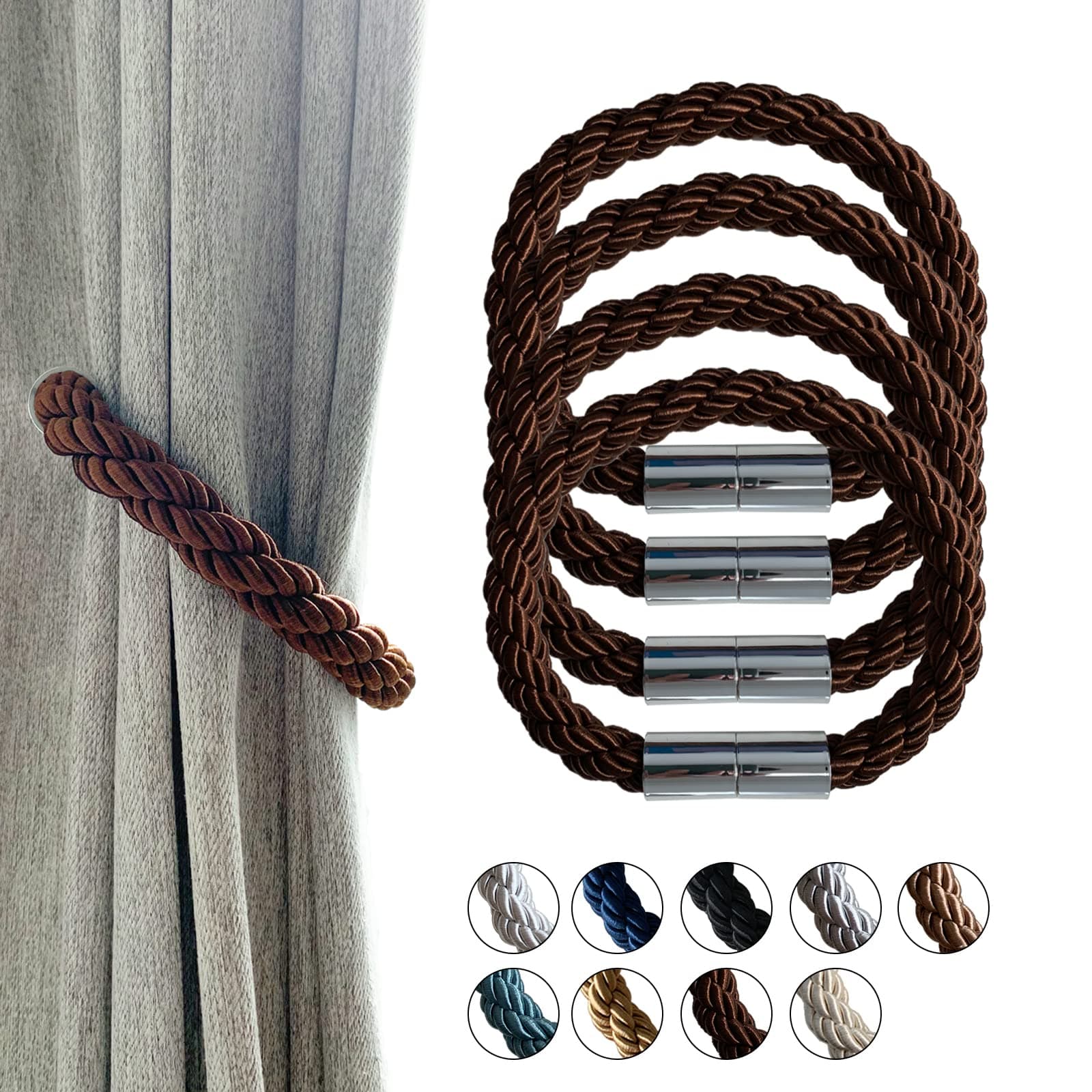 CAWANFLY Magnetic Curtain Tiebacks Decorative Window Drapery Holdbacks, 2 Pack Window Drape Weave Tie Back Holders for Blackout Sheer Window Treatment (Brown, 4 Pack)