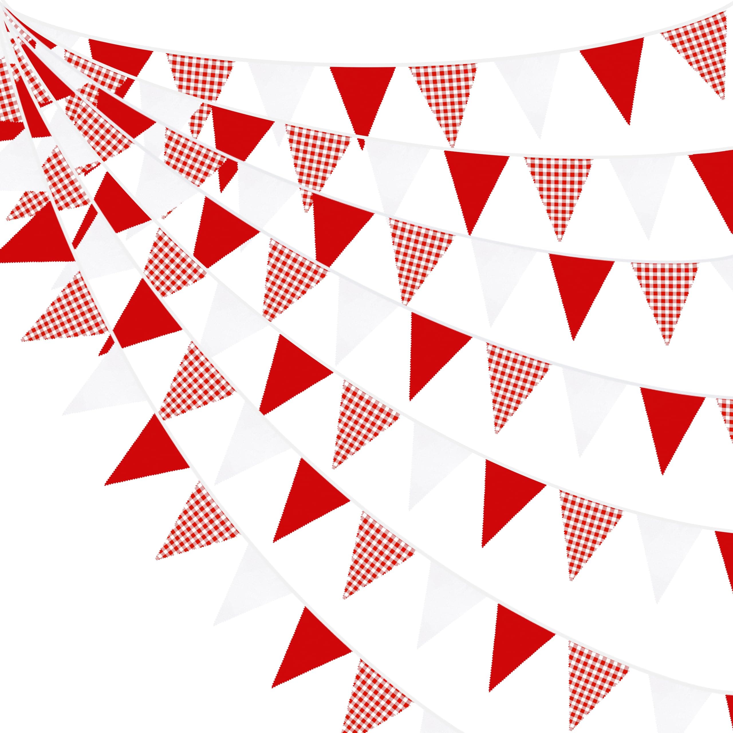 32Ft Red Party Decorations Red Plaid Checkered White Triangle Flag Gingham Pennant Bunting Fabric Garland for Christmas Wedding Birthday Carnival Picnic X-mas Outdoor Home Party Festivals Decoration