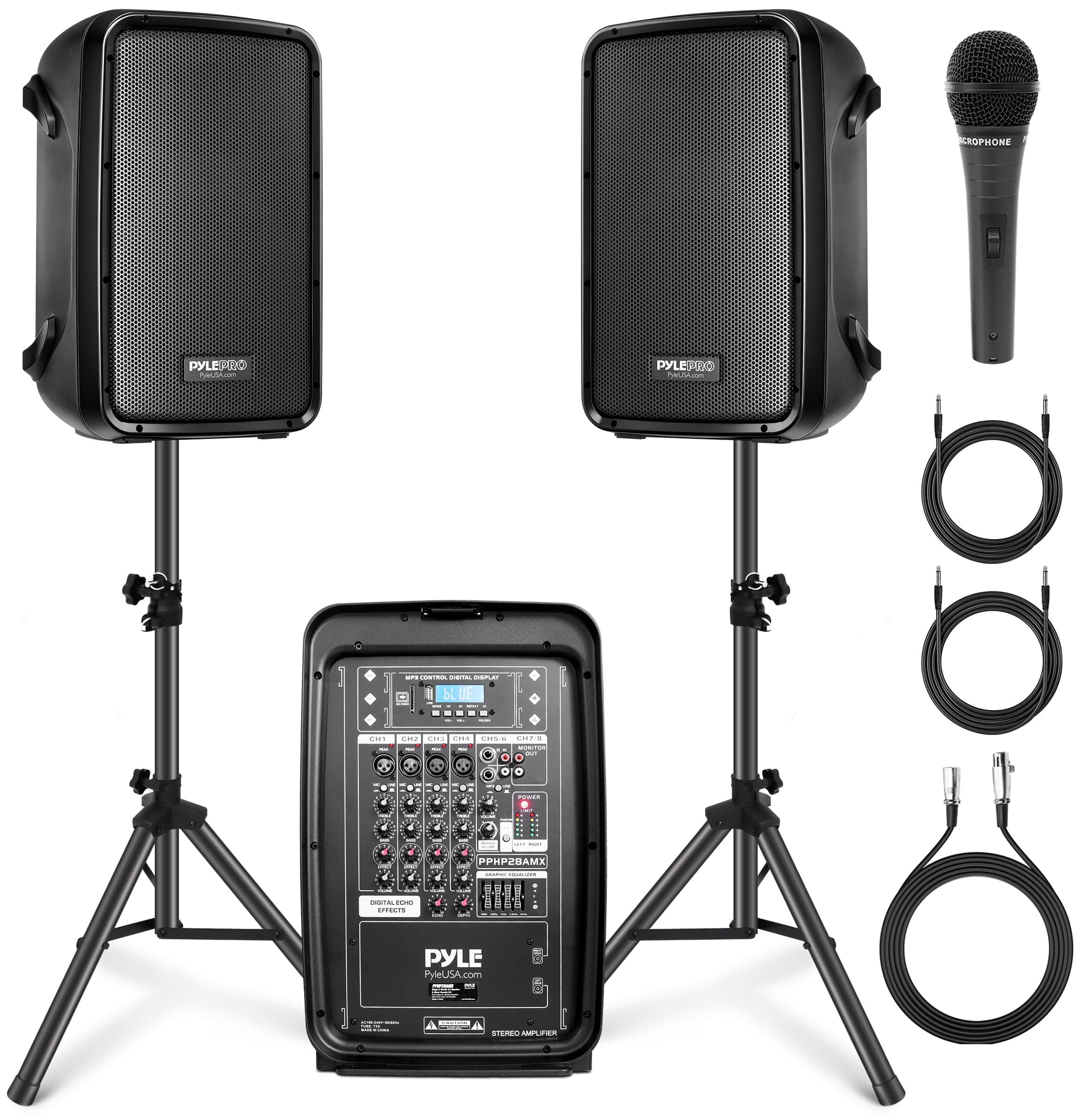 Pyle PA Speaker DJ Mixer Bundle - 300 W Portable Wireless Bluetooth Sound System w/ USB SD XLR 1/4" RCA Inputs - Dual Speaker, Mixer, Microphone, Stand, Cable - Home/Outdoor Party - PPHP28AMX,Black