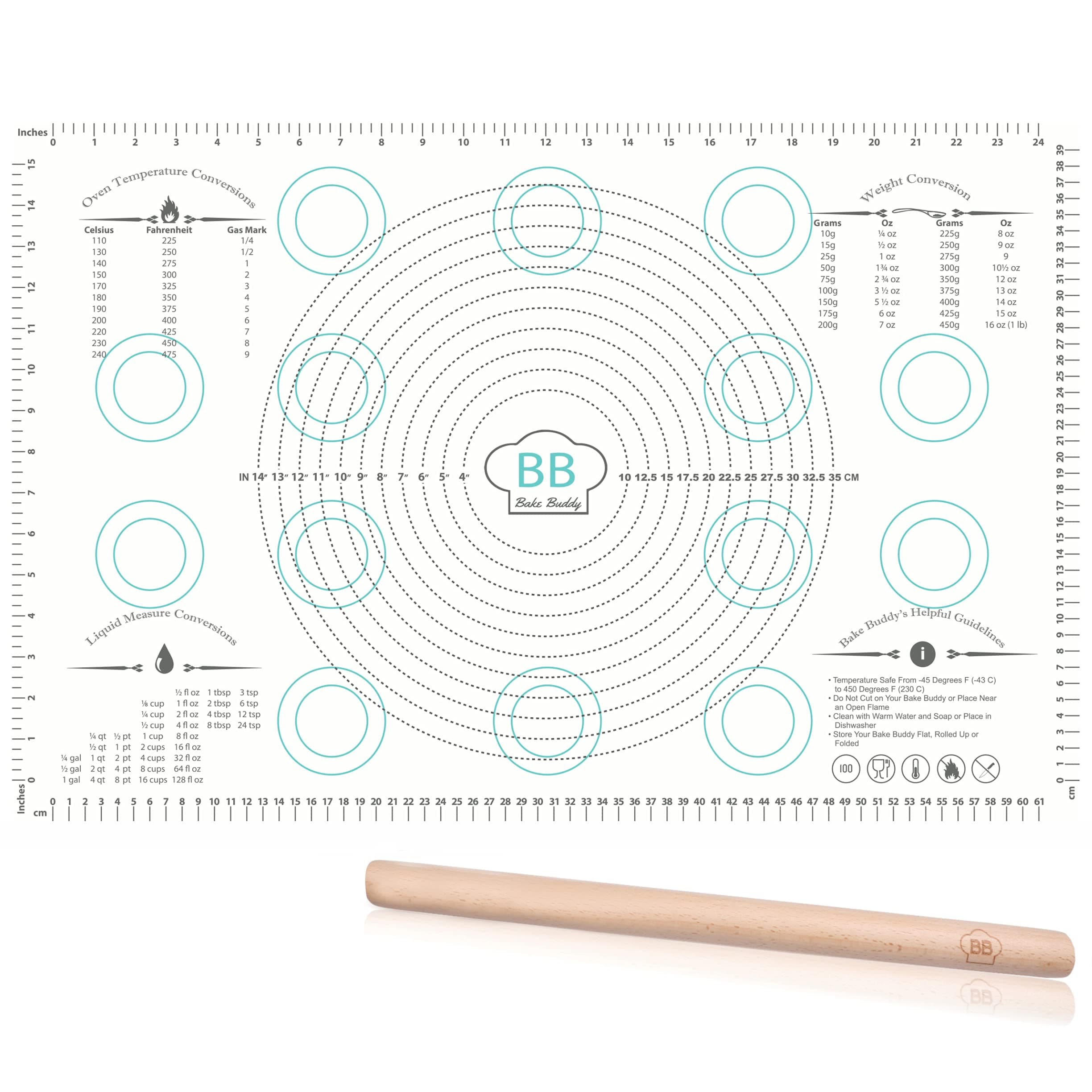 Silicone Pastry Mat Baking Set, Jumbo XL Size Dough Rolling Mat, Fondant/Pie Crust Mat With Measurements, Bonus Wooden Rolling Pin Included With This 30” x 20” XL Silicone Baking Mat