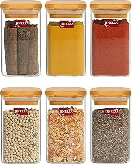 270 ml Glass Jars with wooden lid Glass Jar set food storage containers Borosilicate Glass Jar Set/Suit for Sugar, Salt, Coffee, Tea, and Other Dry Food Storage (270ML SQUARE JAR, 6 PCS)