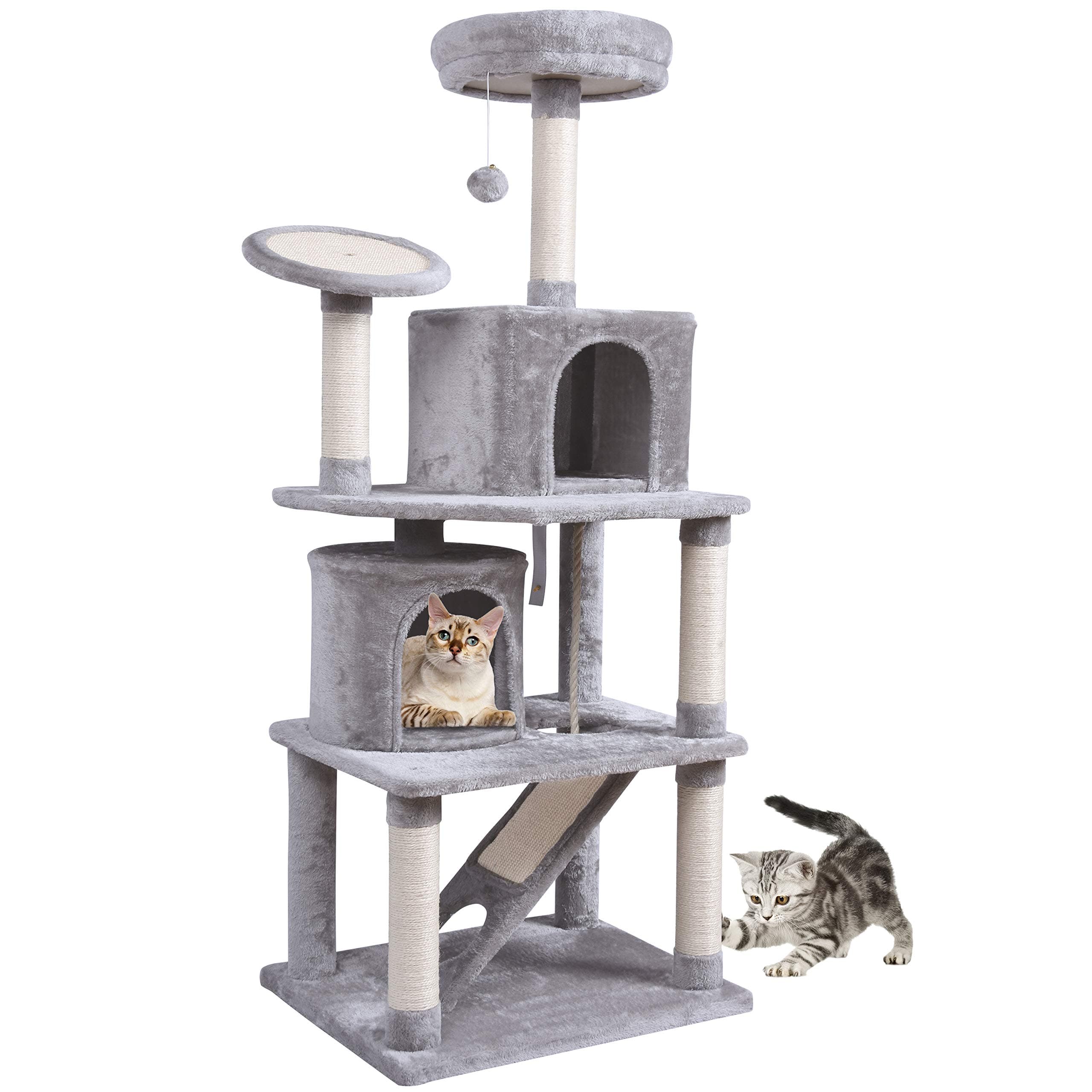 MC Star Multi-level Large Cat Tree Scratching Post with 2 Spacious Condos, Thickened Perches Platform, 2 Scratch Board and Toys 161cm, Light Grey