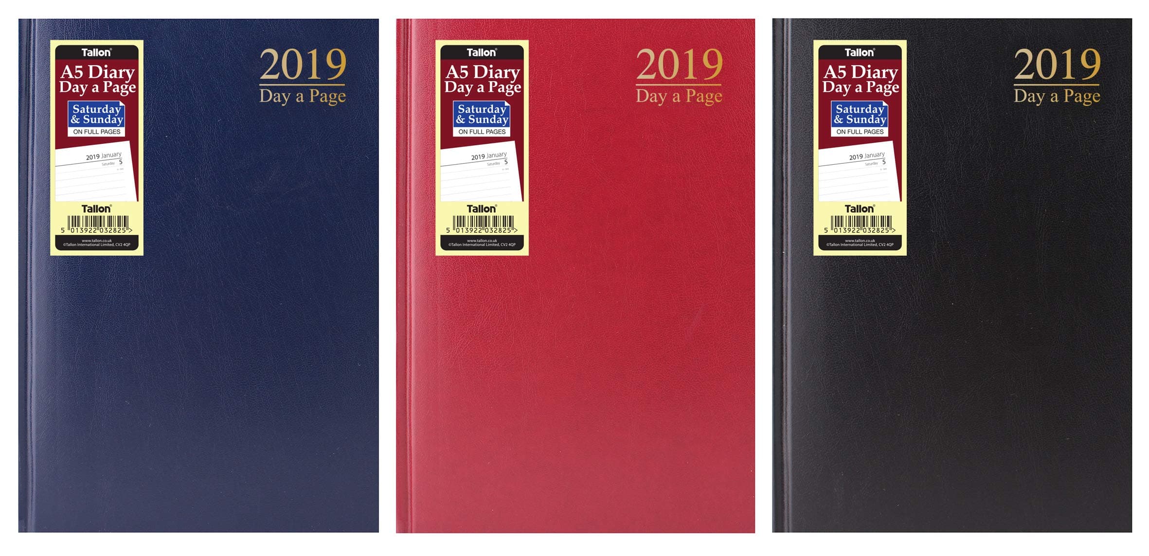 Tallon A5 2019 One Day to Page Diary with Full Page of Saturday & Sunday Hardback Cover - Red