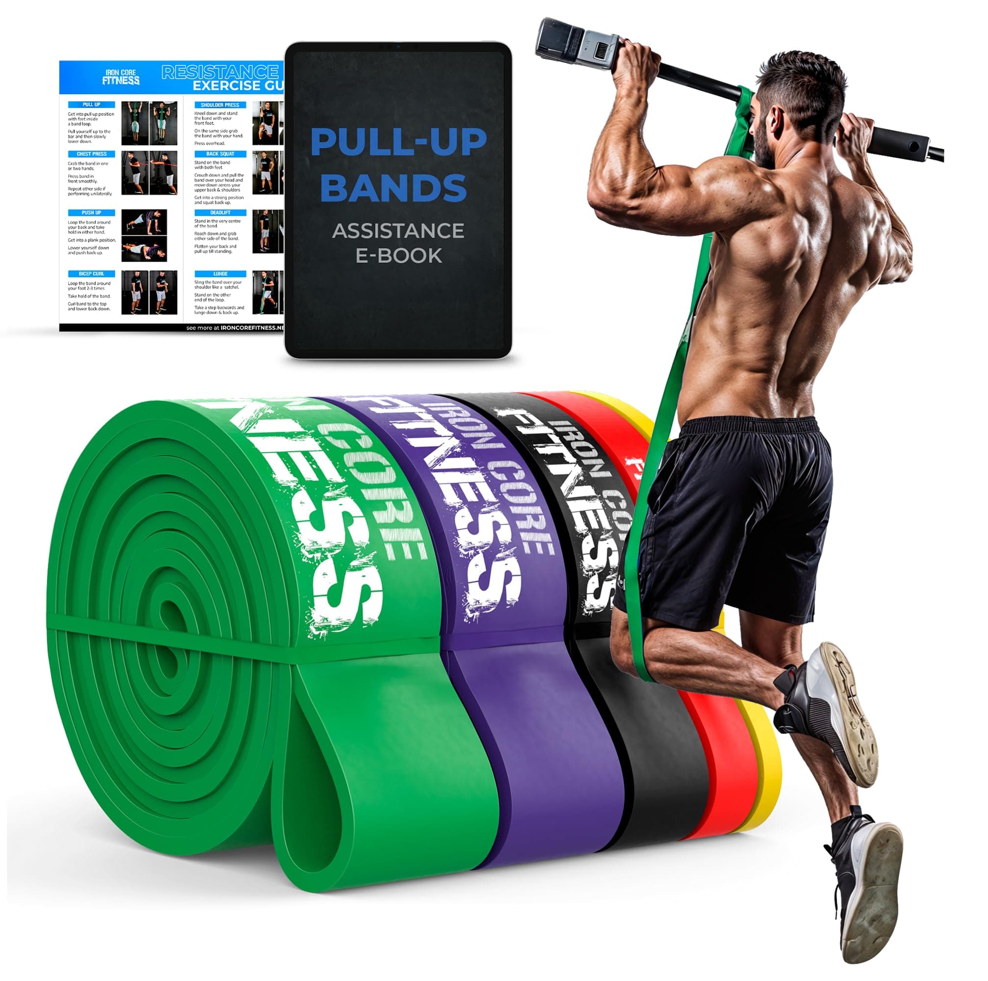 Pull Up Assistance Resistance Bands - Long Loop Power Bands for Men and Women - Strength Power Flexibility Training at Home & Gym - Ebooks & Workout Chart Included by Iron Core Fitness