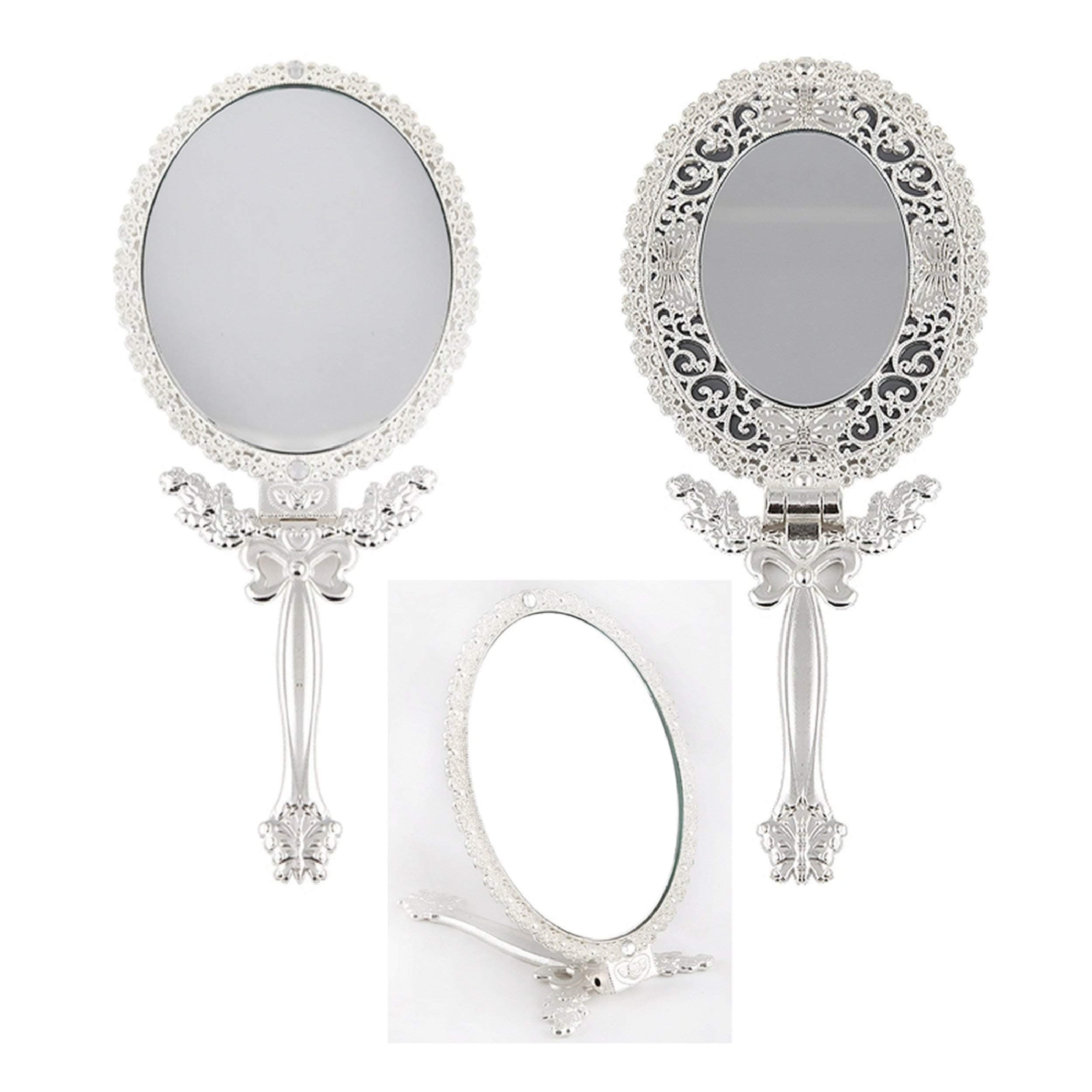 Butterfly Designed Double Sided Magnification Hand Held Makeup Metal Mirror Folding Handle Stand Travel Mirror (Small, Silver)