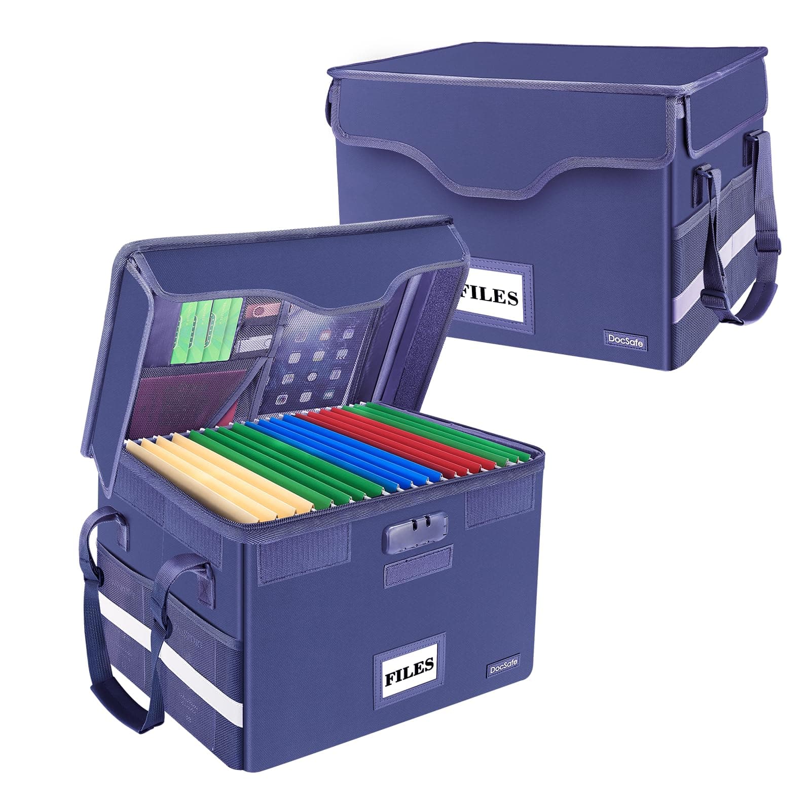 DocSafe Fireproof Document Box with Lock,File Storage Organizer with Pockets,Collapsible Portable File Box Home Office Safe Filing Cabinet with Handle for Hanging Letter/Legal Folders,Blue,2 Pack