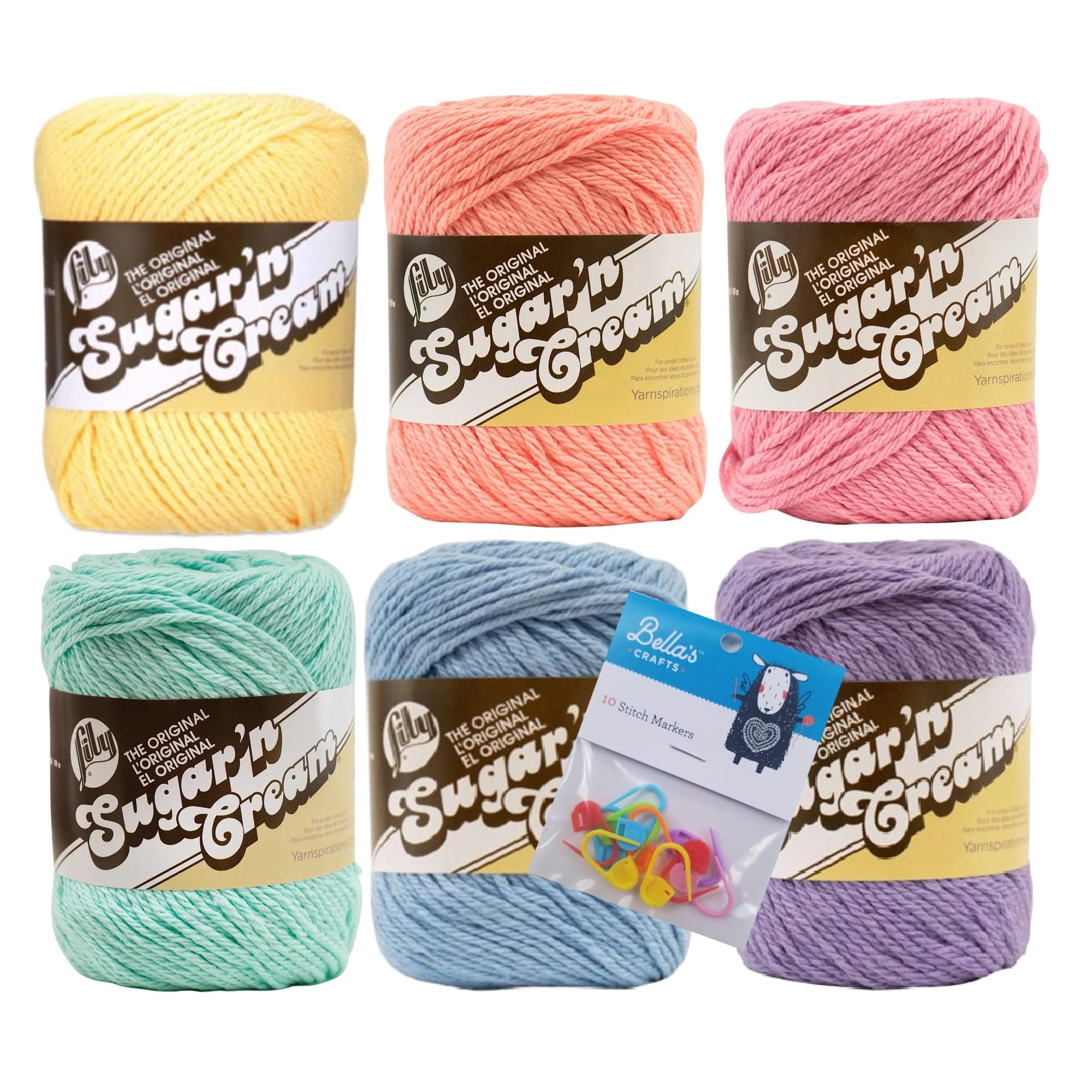 Lily Sugar n Cream Yarn, Pastel Solids, 6-Pack Bundle with Stitch Markers
