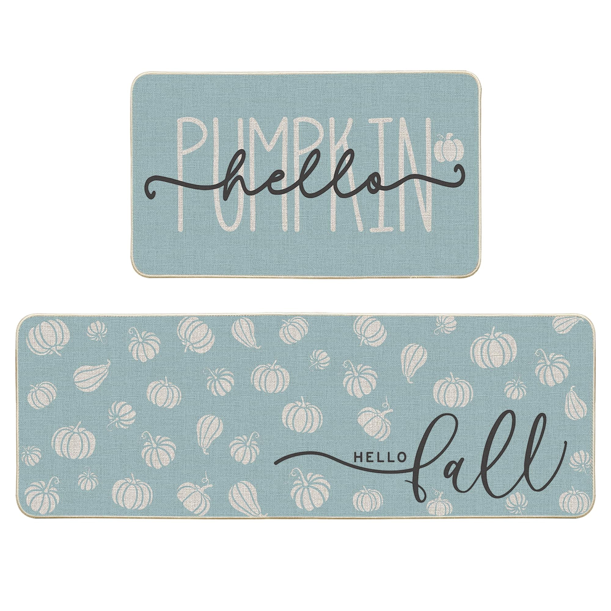 Artoid Mode Blue Hello Pumpkin Fall Kitchen Mats Set of 2, Autumn Home Decor Low-Profile Kitchen Rugs for Floor - 17x29 and 17x47 Inch