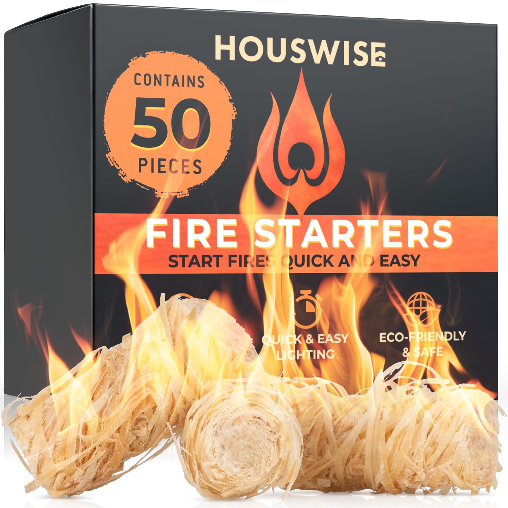 Houswise Fire Starter 50 pcs - Natural Fire Starters for Indoor & Outdoor, Firestarter for Wood Stove, Fireplace Campfires, Chimney, Grill, Pit, BBQ
