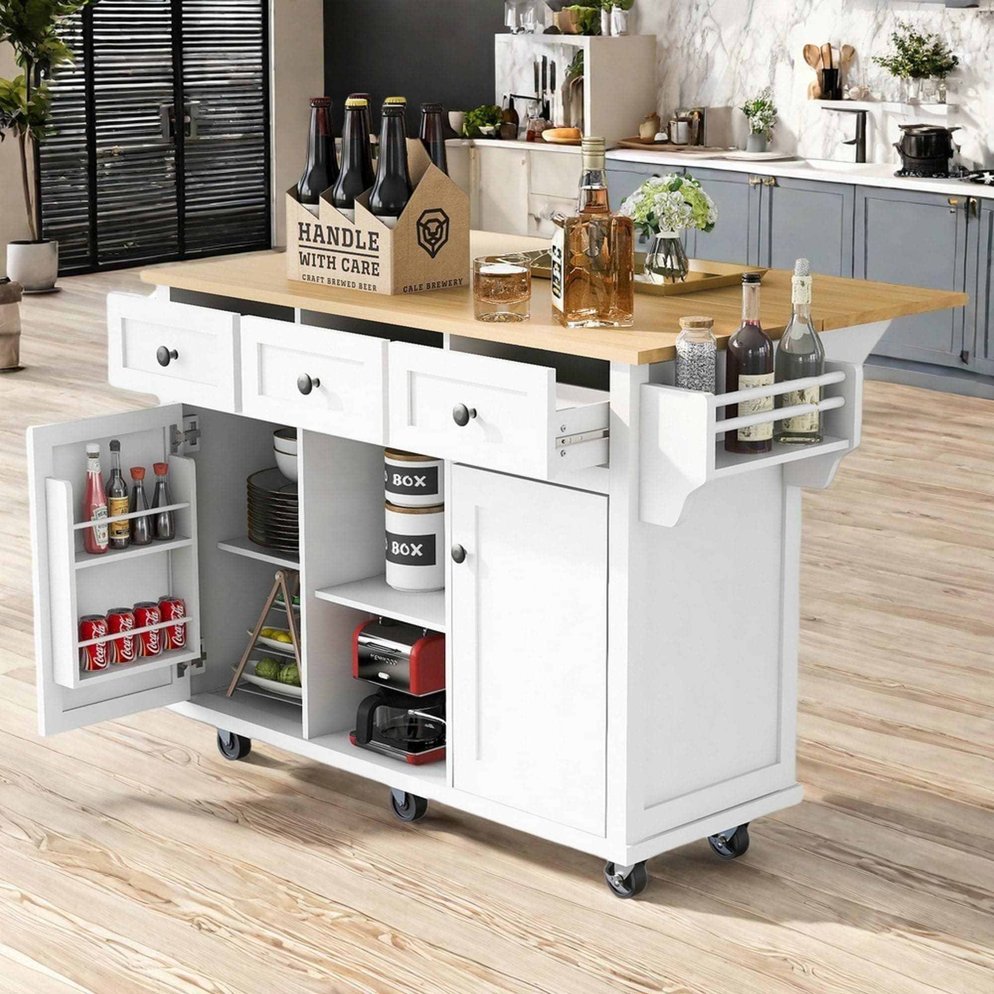 LUMISOL Rolling Kitchen Cart with Drop Leaf, Kitchen Island on Wheels with 3 Drawers and 2 Cabinets, Wood Portable Island with Cabinet Door Storage Racks, for Dinning Room Living Room, White