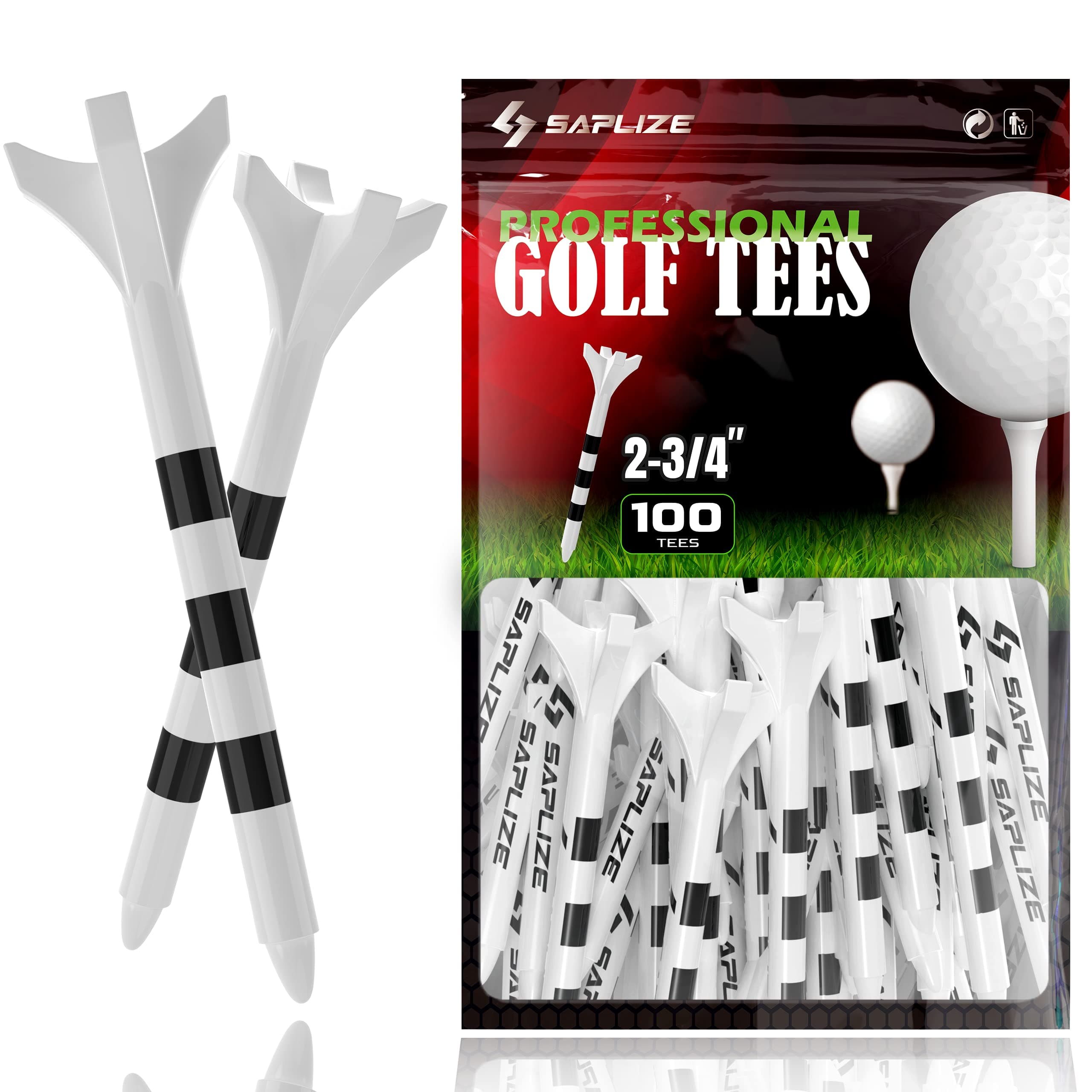 SAPLIZEDurable Plastic Golf Tees Pack of 50/100 (3-1/4"& 2-3/4"& 1-1/2" Available) Reduces Friction & Side Spin 4 Prongs Plastic Tees