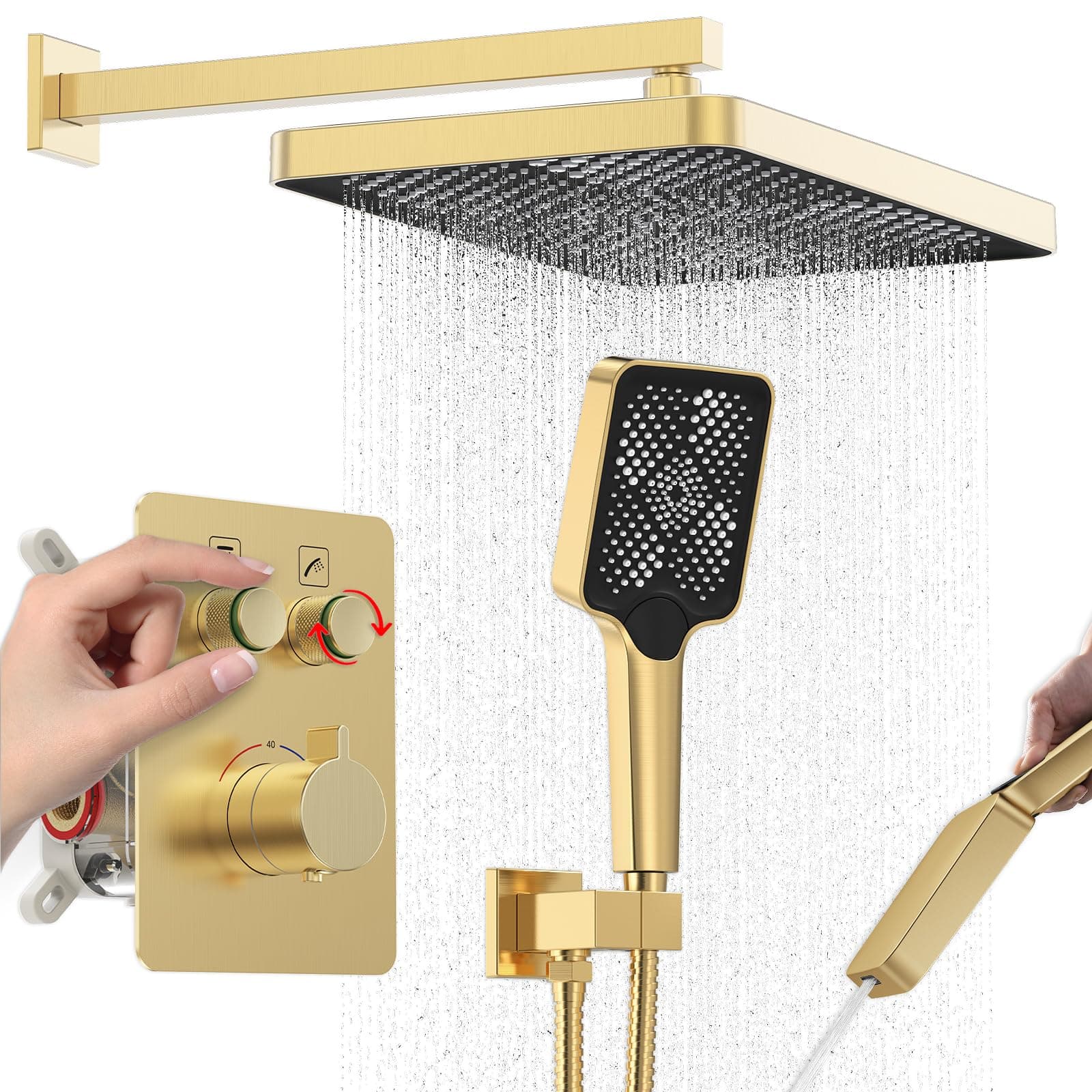 Iriber Thermostatic Shower System Wall Mount with Adjustable Water Flow Push Button Diverter,13 Inch Gold Rectangle Rainfall Shower Head and Handheld,Brushed Gold