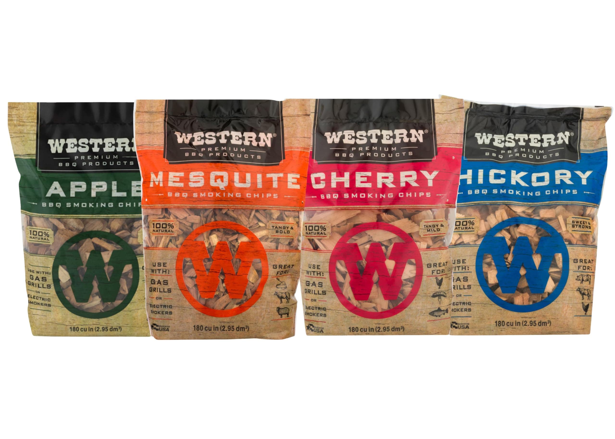 Western BBQ Smoking Wood Chips Variety Pack Bundle (4)- Apple, Mesquite, Hickory, and Cherry (Variety Pack)