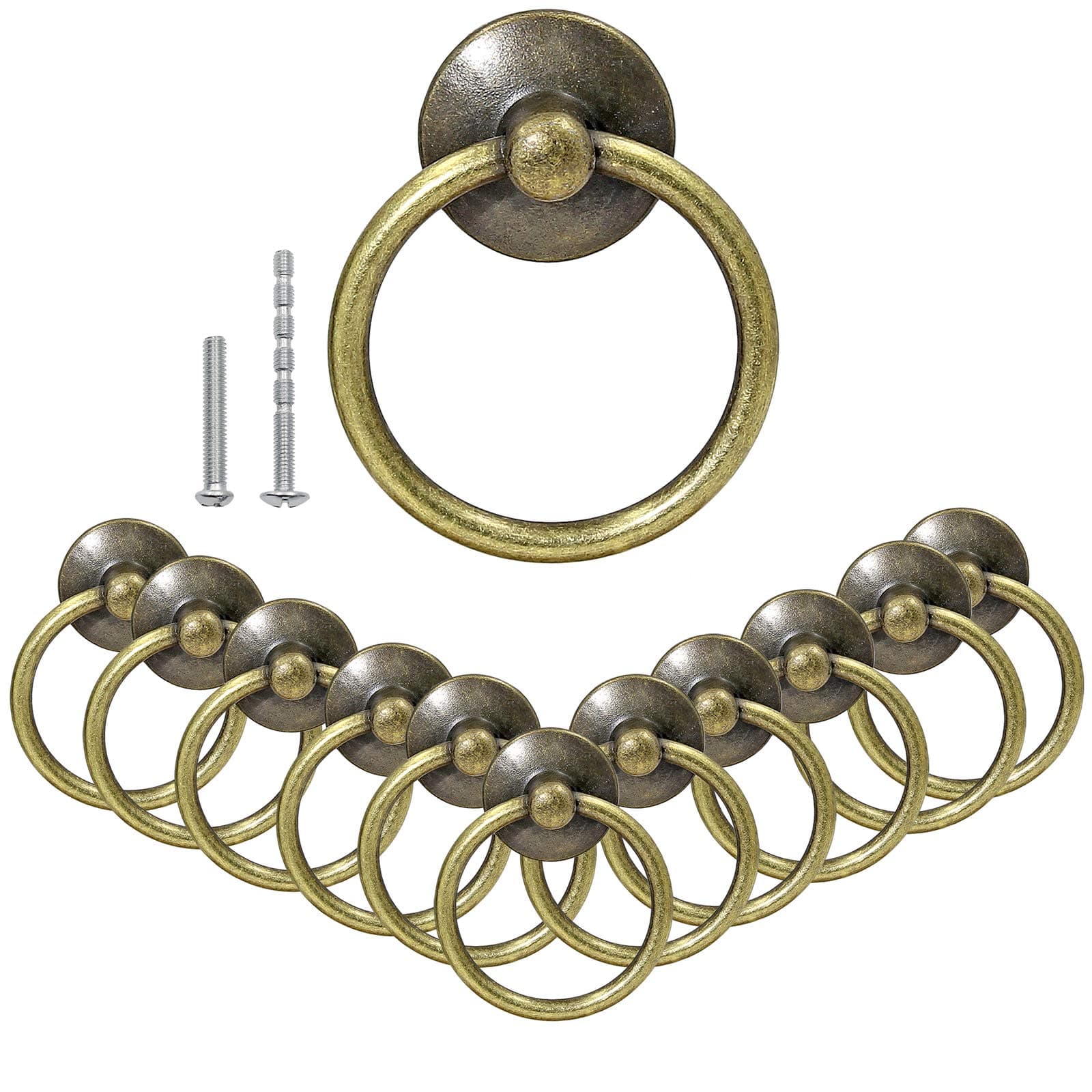 Bonsicoky 12Pcs Round Ring Drawer Pulls Vintage Bronze Ring Handle Knobs for Cabinet Drawer Dresser Cupboard Wardrobe, Single Hole