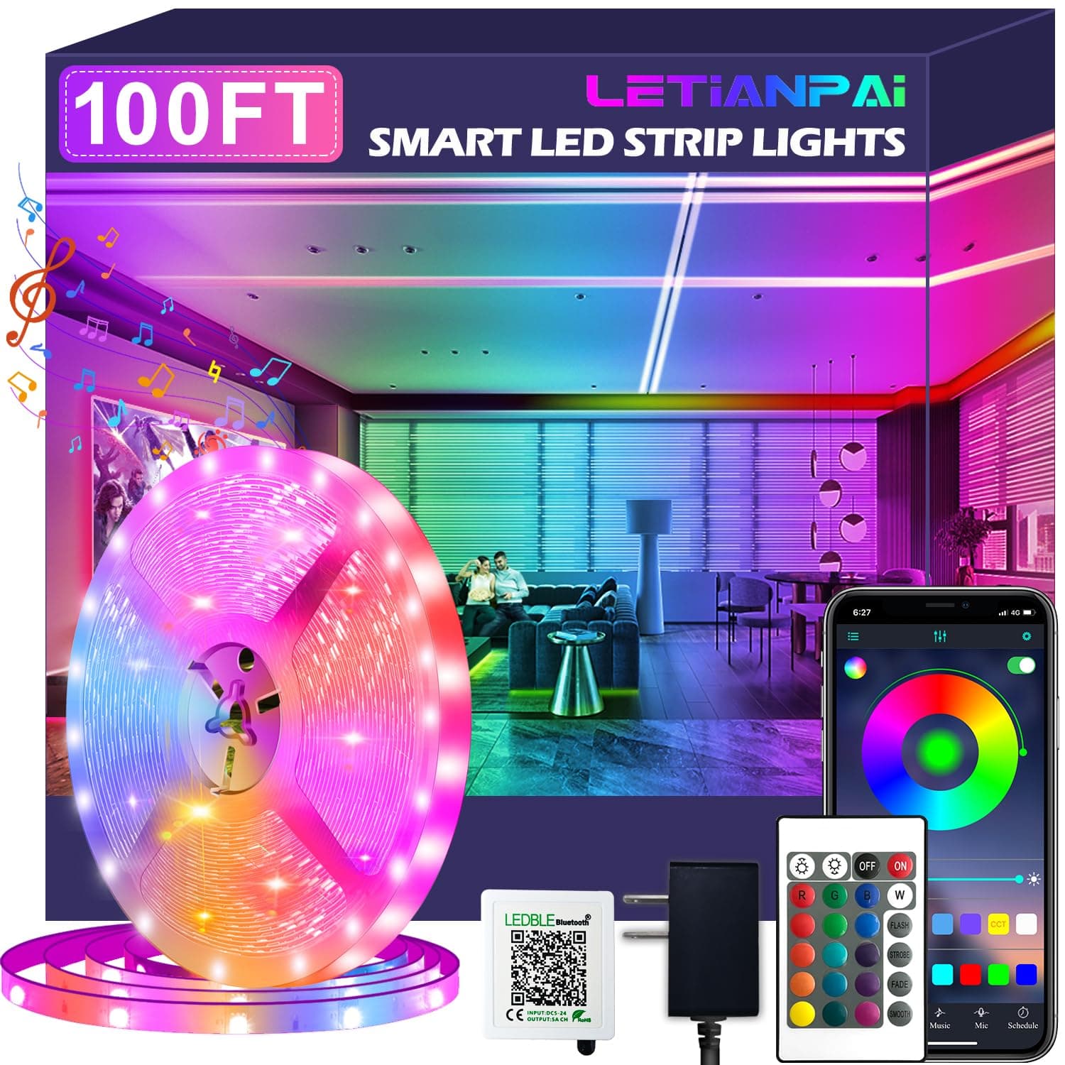 100ft Led Strip Lights,Long Smart Led Light Strips Music Sync 5050 RGB Color Changing Rope Lights,Bluetooth APP/IR Remote/Switch Box Control Led Lights for Bedroom,Home Decoration,Party,Festival