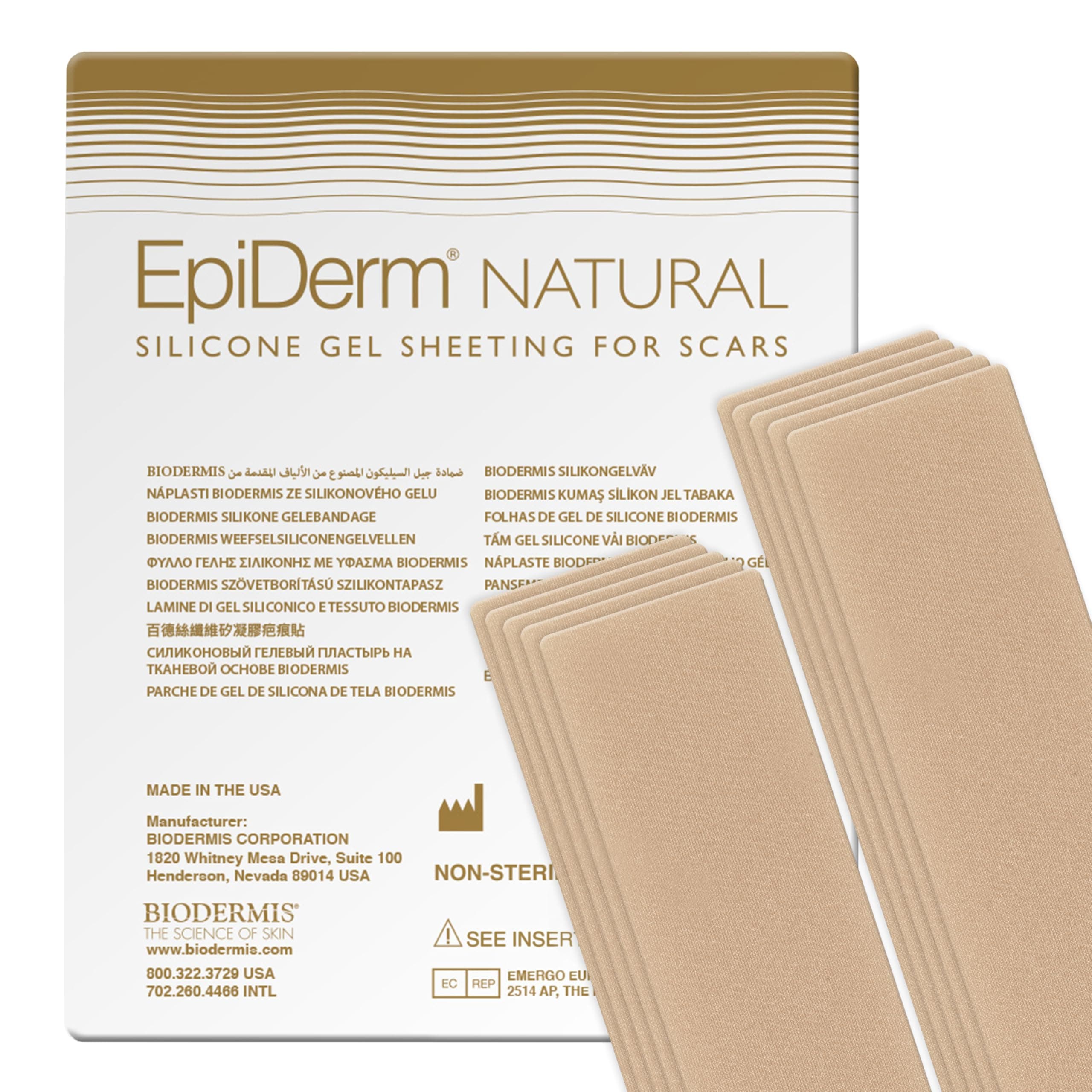 Epi-Derm Long Strips, Premium Grade Silicone Scar Sheets for C-Section, Tummy Tuck, Hysterectomy & Cardiac Surgery Scars, Reusable Silicone Gel Sheets for Scars 1.4 x 11.5 in - 5 Pairs, Natural