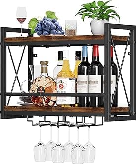 Homeiju Wall Mounted Wine Rack, Bottle & Glass Holder Wood-Metal Retro Wine Rack, Wine Bottles Display Wall Storage for Kitchen Dining Room Home Bar