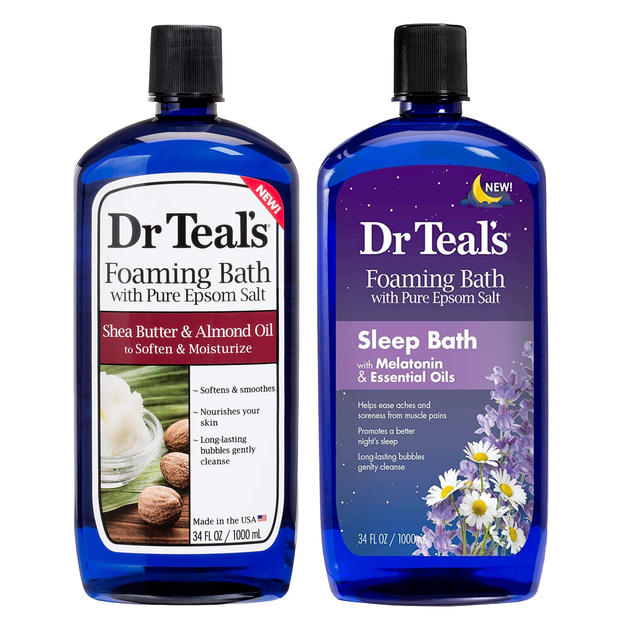 Dr. Teals Foaming Bath Variety Gift Set (2 Pack, 34oz Ea) Shea Butter & Almond Oil, Melatonin Sleep Bath - Essential Oils Blended with Pure Epsom Salt Eases Achy Muscles & Relieves Stress