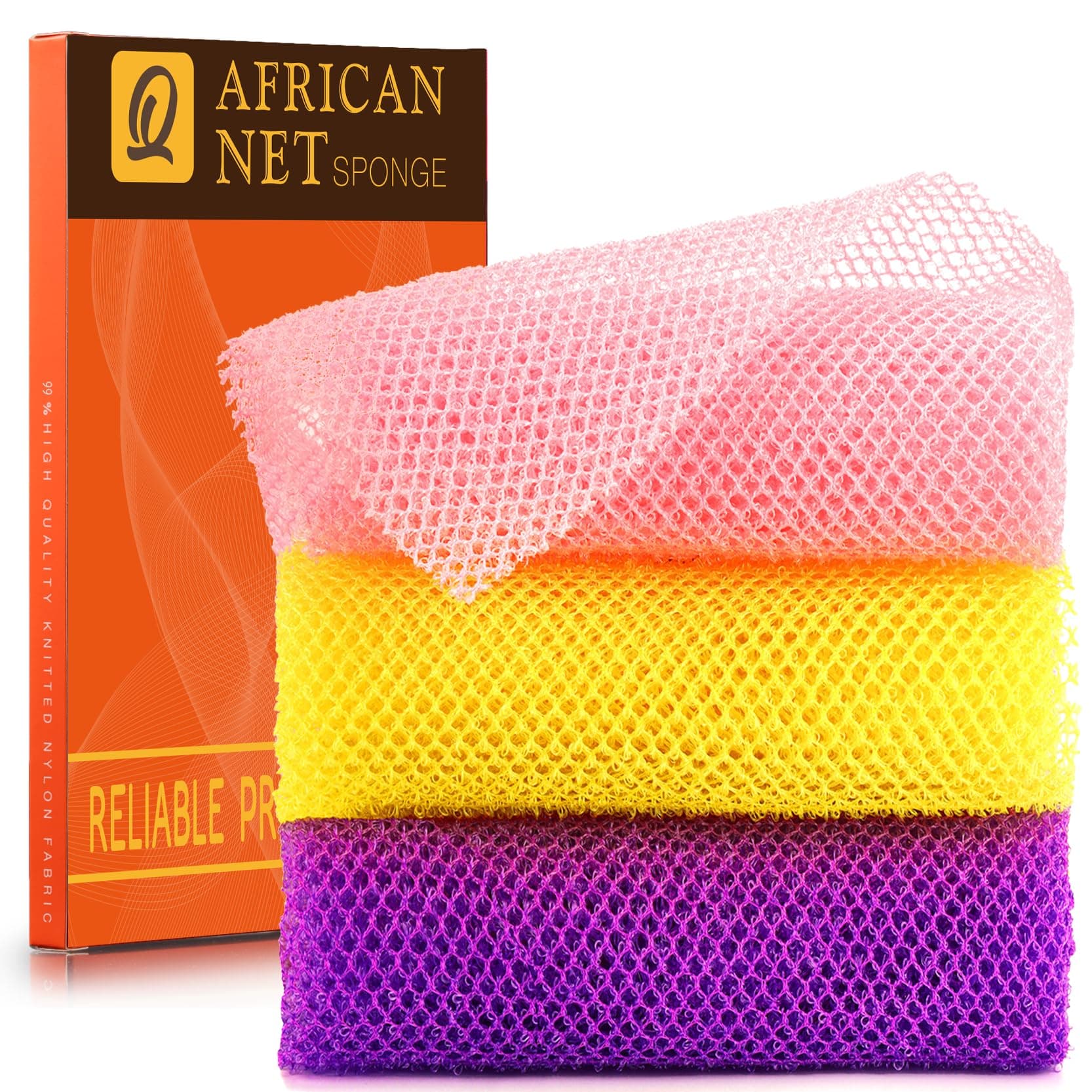 3 Pieces African Bath Sponge African Net Long Net Bath Sponge Exfoliating Shower Body Scrubber Back Scrubber Skin Smoother, Great for Daily Use (Pink, Yellow, Purple)