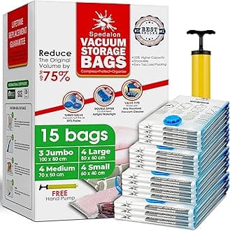 Vacuum Storage Bags - Pack of 15 (3 Jumbo + 4 Large + 4 Medium + 4 Small) ReUsable space savers with free Hand Pump for travel packing. Sealer Bags for Clothes, Duvets, Pillows, Blankets, Curtains
