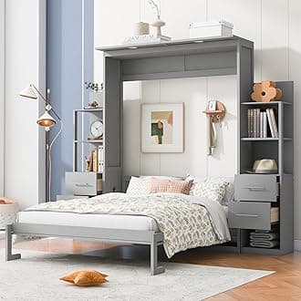 Queen Size Murphy Bed with 2 Four-Layer Shelves and 4 Drawers,Solid Wood Storage Folding Wall Beds,w/LED Lights,Space-Saving,for Home Office,Study,Guest Room,Gray
