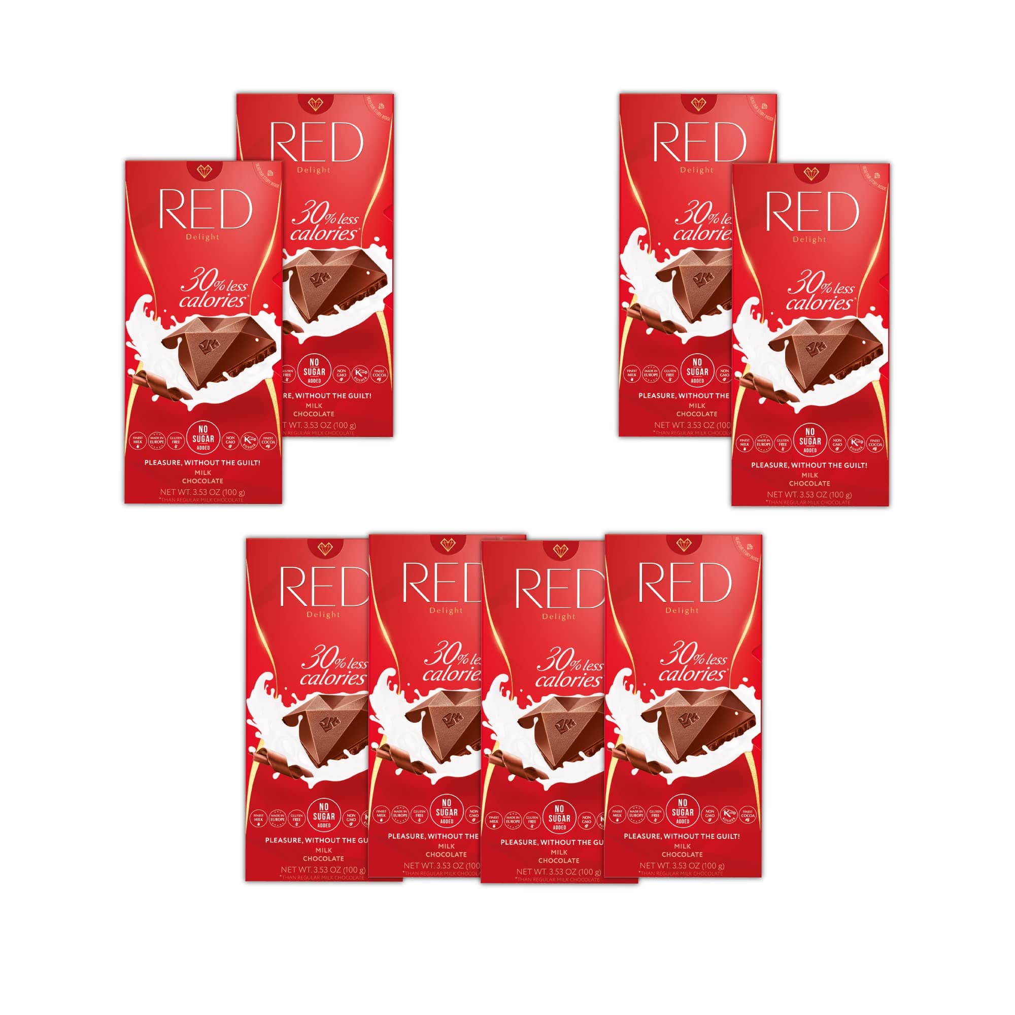 Red Delight Milk Chocolate Bars 3.53 oz, Pack of 8 Full-Size Chocolate Bars - Low Carb, Kosher & No Added Sugar, Gluten-Free Healthy Chocolate - Smooth & Creamy European-Made Vegan Chocolate