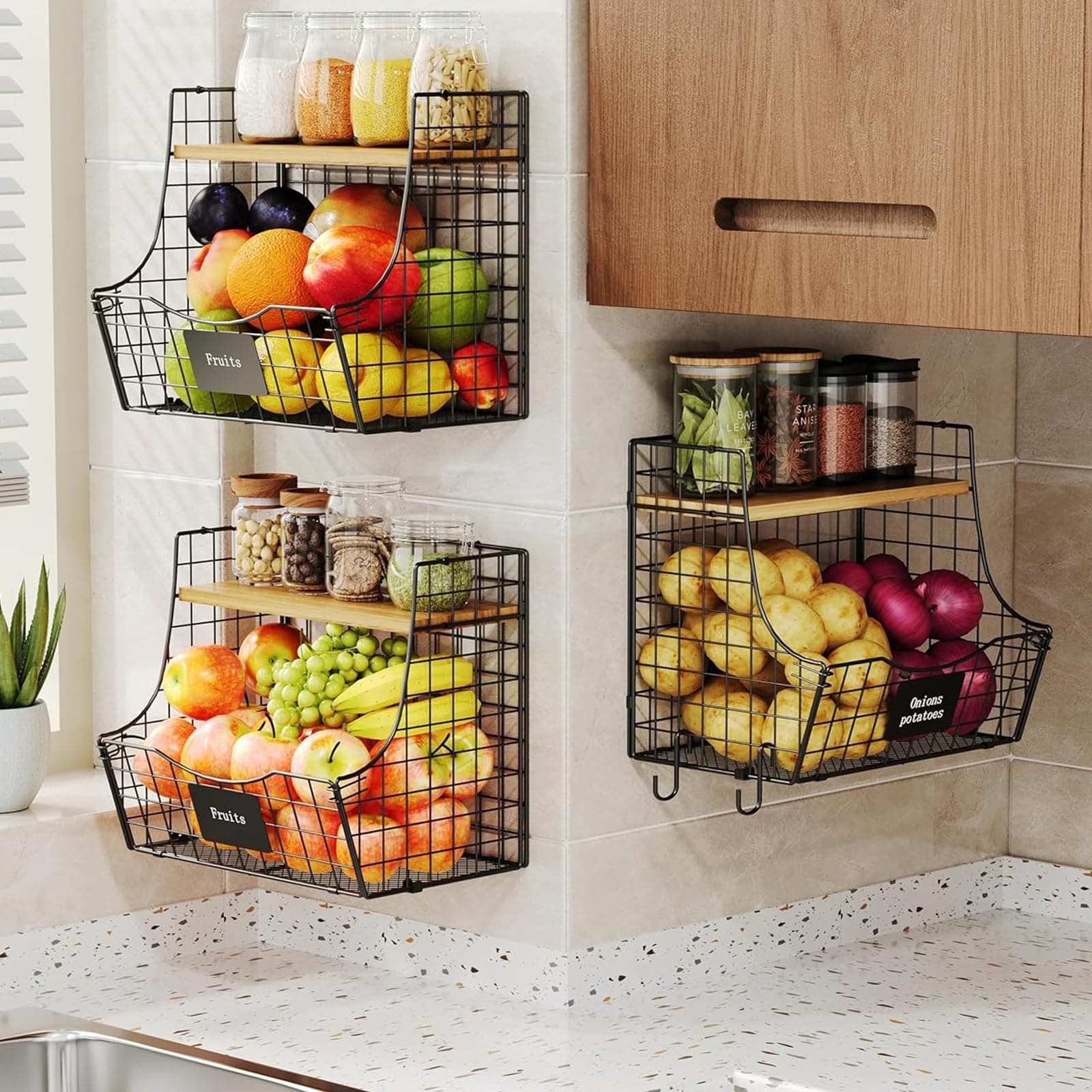3 Pack Fruit Basket for Kitchen with Wood Lid - Counter&Wall Mounted Onion and Potato Storage with Nameplate, Stackable Storage Basket, Hanging Metal Wire Baskets,11.81 * 10.63 * 8.66 Inch