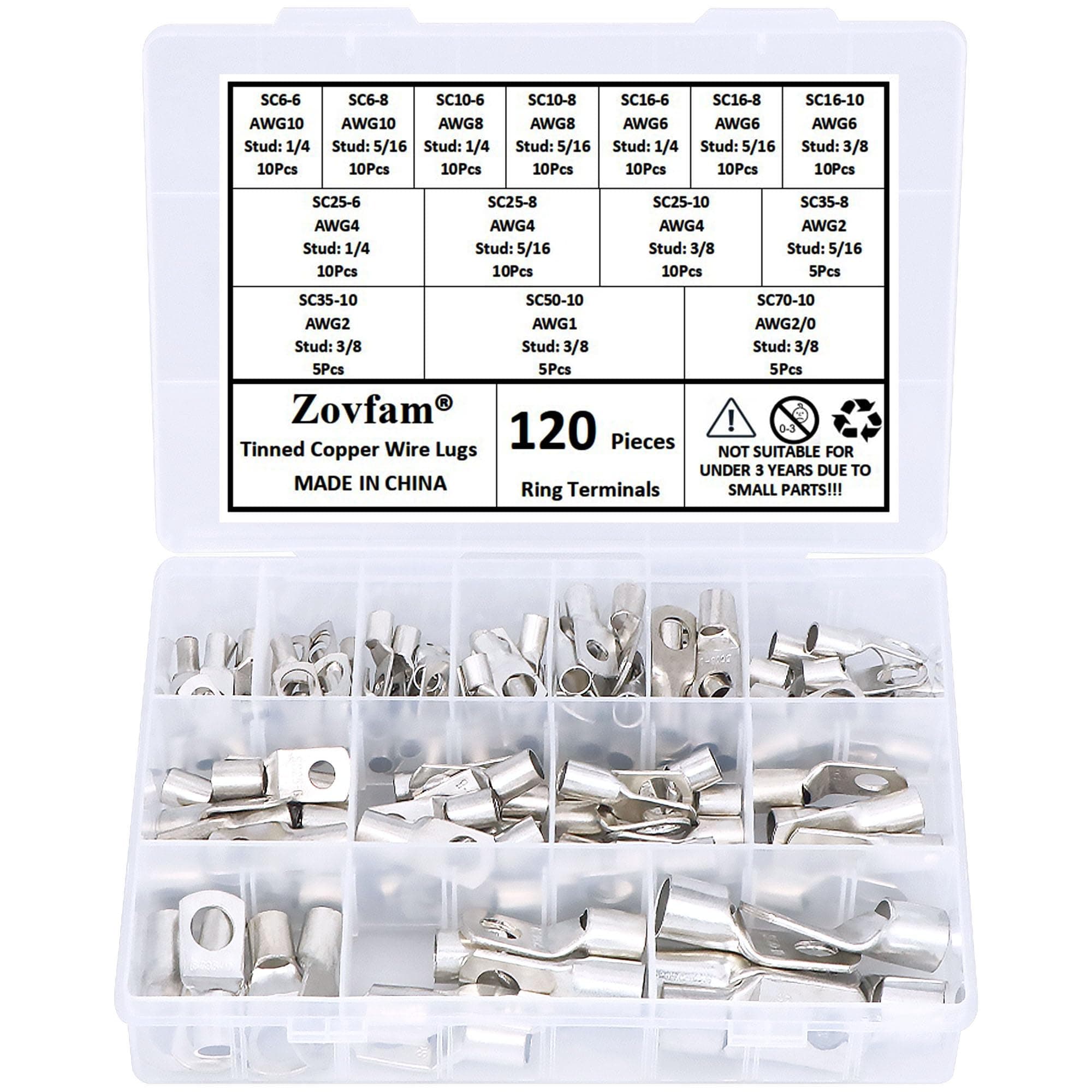 120 Pcs Assorted Heavy Duty Wire Lugs Battery Cable Tinned Copper Eyelets Tubular SC Ring Terminals Connectors with Spy Hole Assortment Kit