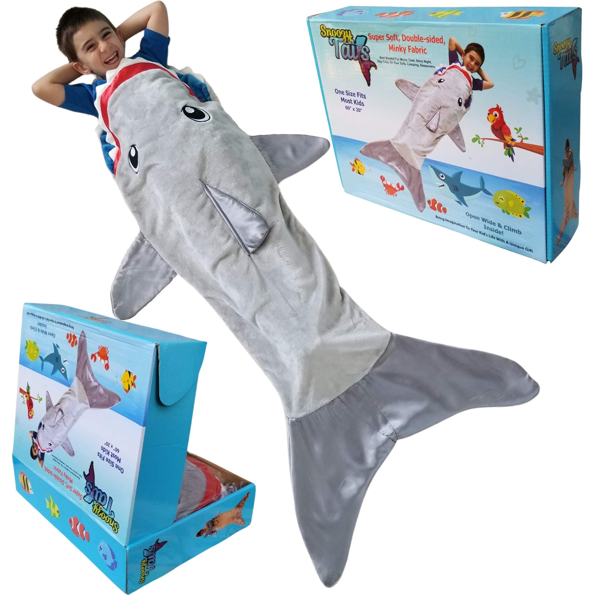 Shark Tail Animal Blanket for Boys. Soft Plush Shark Sleeping Bag Blanket for Kids with Gift Box. Blankie Fun Fin Gray. Snuggle Double-Sided Minky Fabric. Cozy for Boys Kids
