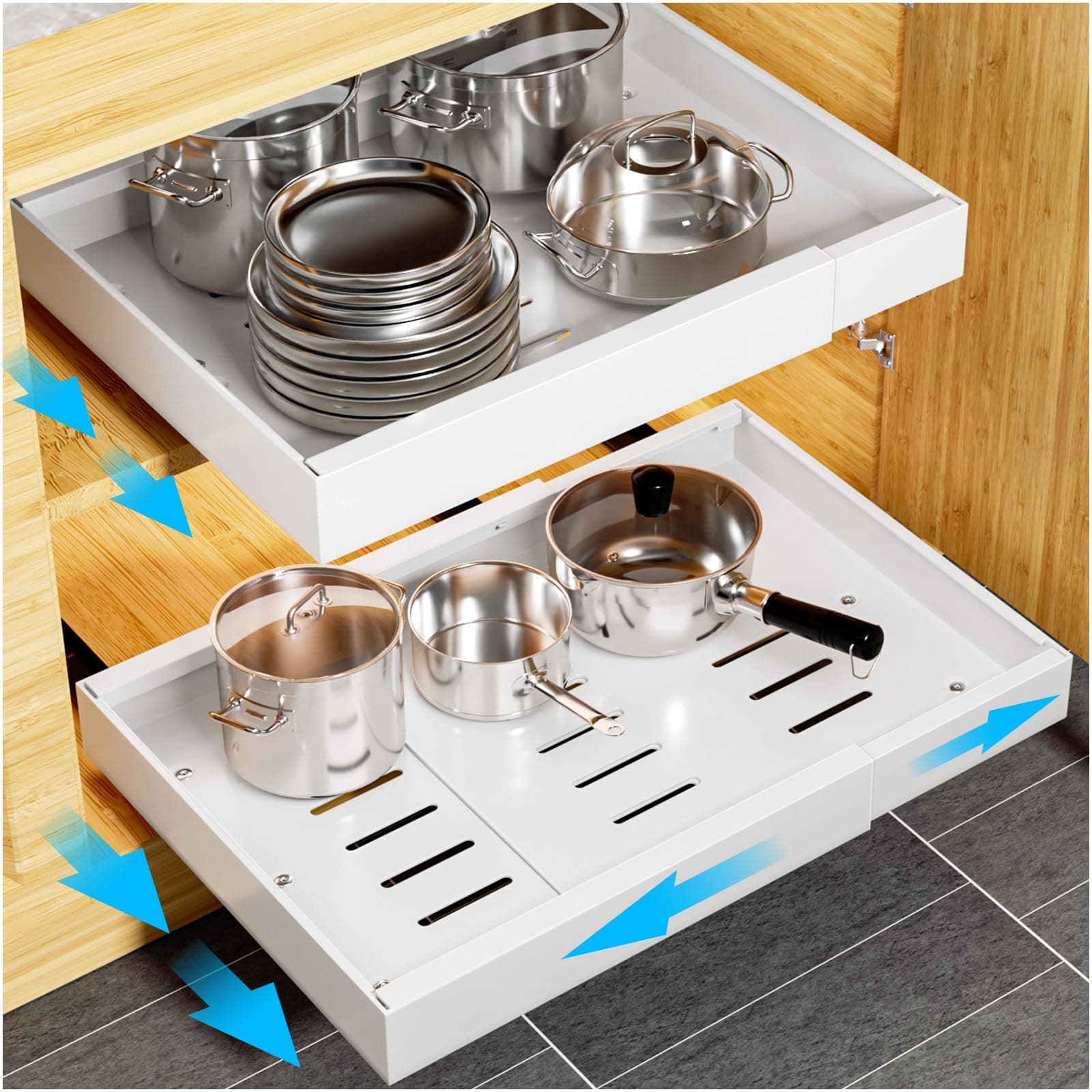 Expandable Pull Out Drawers (12.6''-20.5''), Slide Out Cabinet Organizers with Adhesive Nano Film for Kitchen Organization (White)