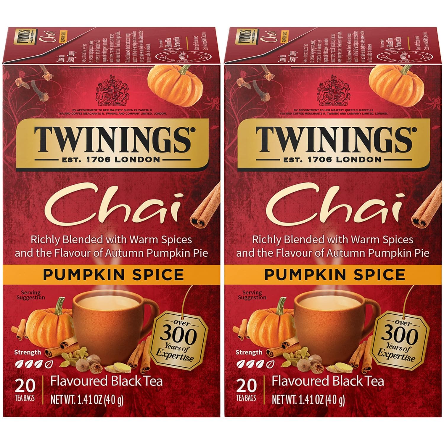 Twinings Pumpkin Spice Chai Tea, Caffeinated Black Tea Naturally Flavored with Aromatic Spices and Ginger, Tea Bags Individually Wrapped, 20 Count Ea (Pack of 2)