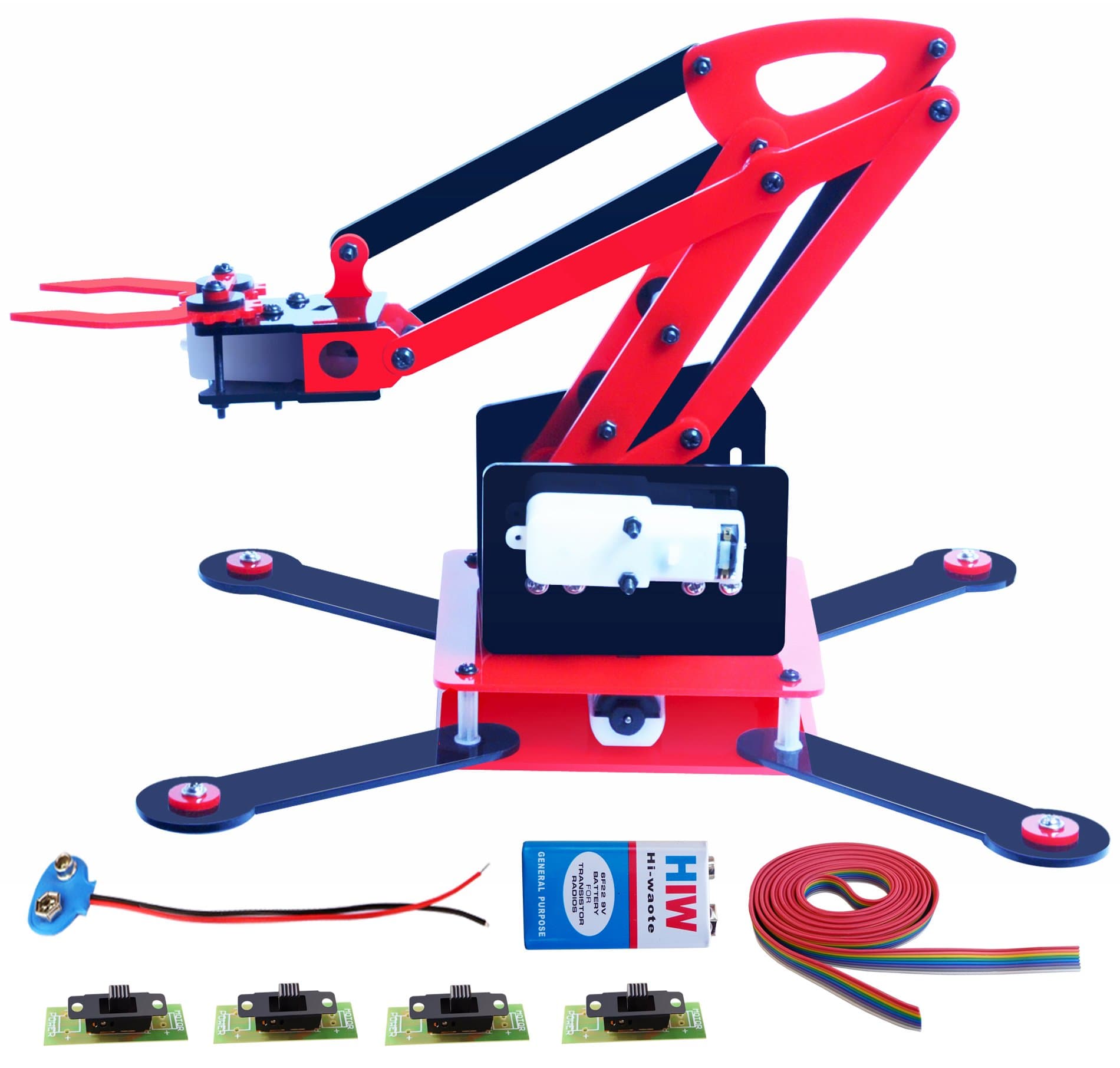 - Kit4Curious Complete Robotic Arm with 4 motor,4 switch,9v connector, wire, instruction guide DPDT Slide switch controlled Robot Arm Kit Full functioning robotic arm complete project with control setup