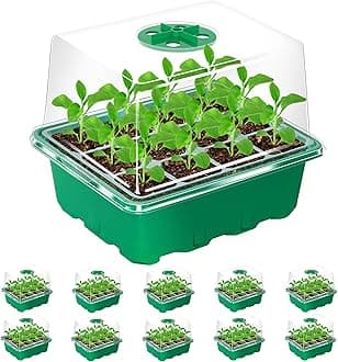 Bonviee 10 Packs Seed Starter Tray with Elevated Lid, 120 Cells Thicken Seed Starting Trays Kit with Adjustable Humidity Vent, Clear Cell Tray and Heightened Lids for Greenhouse & Gardens, Green