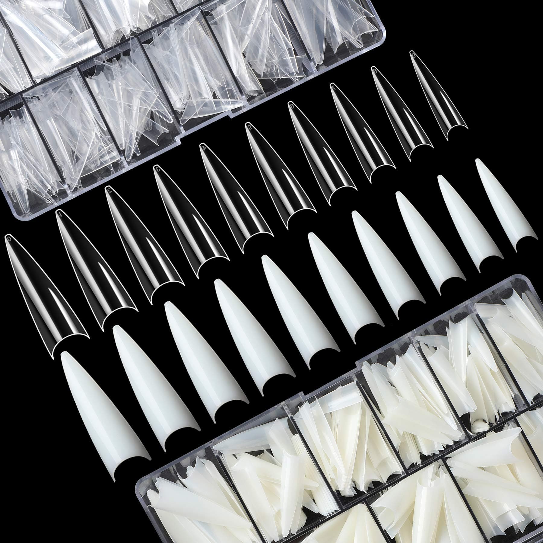 FEBSNOW1000PCS Long Stiletto Nail Tips Acrylic Nails Artificial Half False Flake Nail Tips 10sizes with Clear Plastic Cases for Nail Salon Nail Shop Diy Nail Art Ballerina Nails (Clear+Natural)