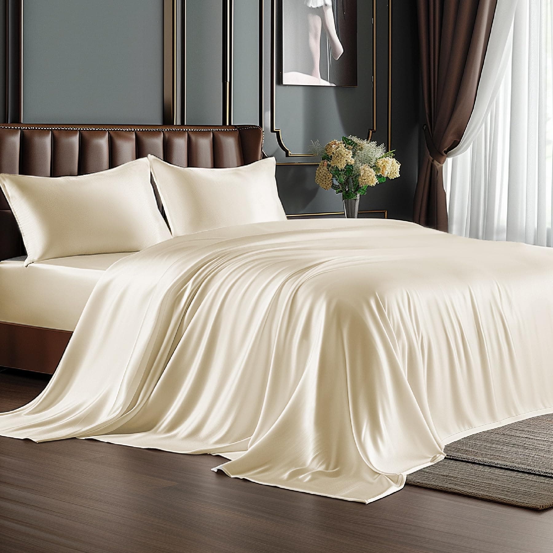 BEDELITE Satin Sheets Full Size Bed Set, Luxury Soft Beige Silky Sheet for Hair and Skin, Similar to Silk Bed Sheets Set 4 Pieces with 1 Deep Pocket Fitted Sheet, 1 Flat Sheet, and 2 Pillowcases