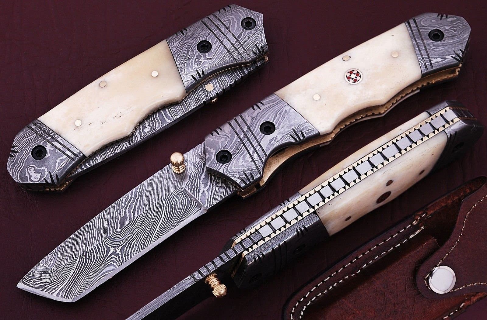 Custom Made Tanto Blade Bone Handle Damascus Steel Folding Pocket Knife with Damascus Bolster W/Case Plus Free Knife Sharpner