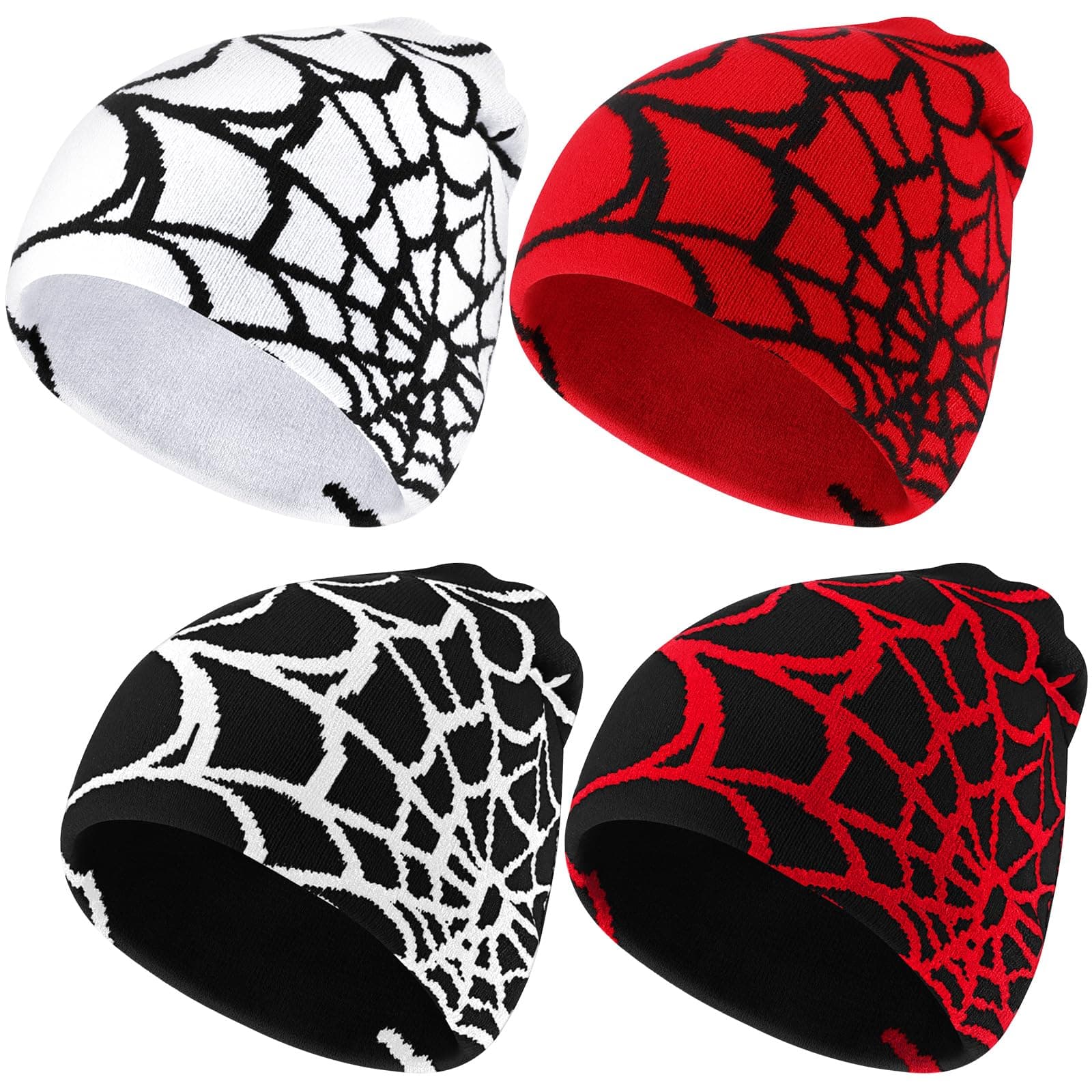 Jeyiour 4 Pcs Y2K Beanies Spider Web Pattern Beanie Gothic Acrylic Knitted Hat Casual Streetwear Outdoor Beanies for Men
