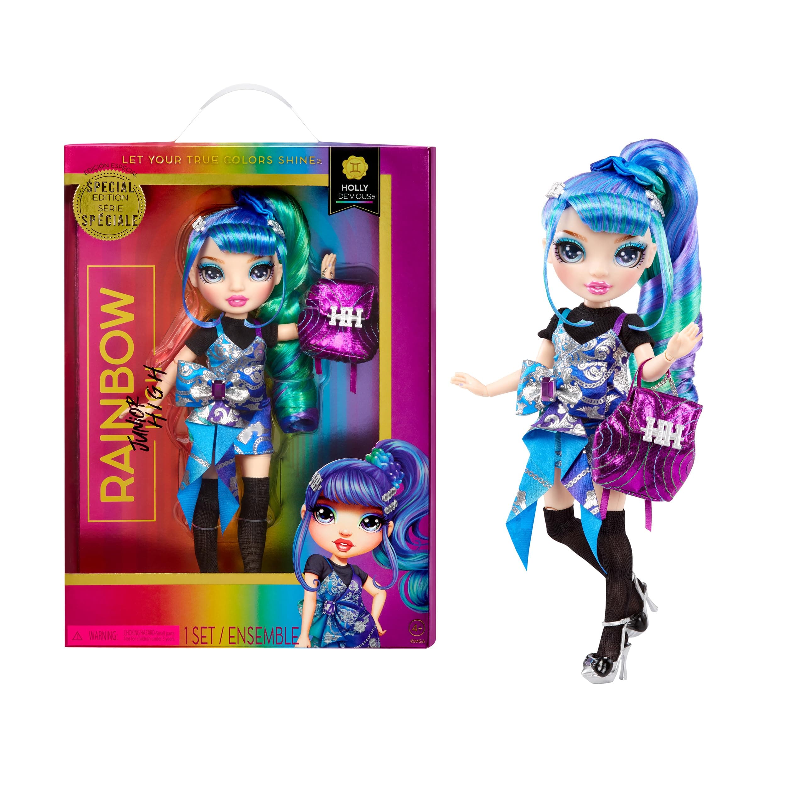 Rainbow High Junior High Special Edition Holly De’Vious - 9" Blue and Green Posable Fashion Doll with Accessories and Open/Close Soft Backpack. Great Toy Gift for Kids Ages 4-12