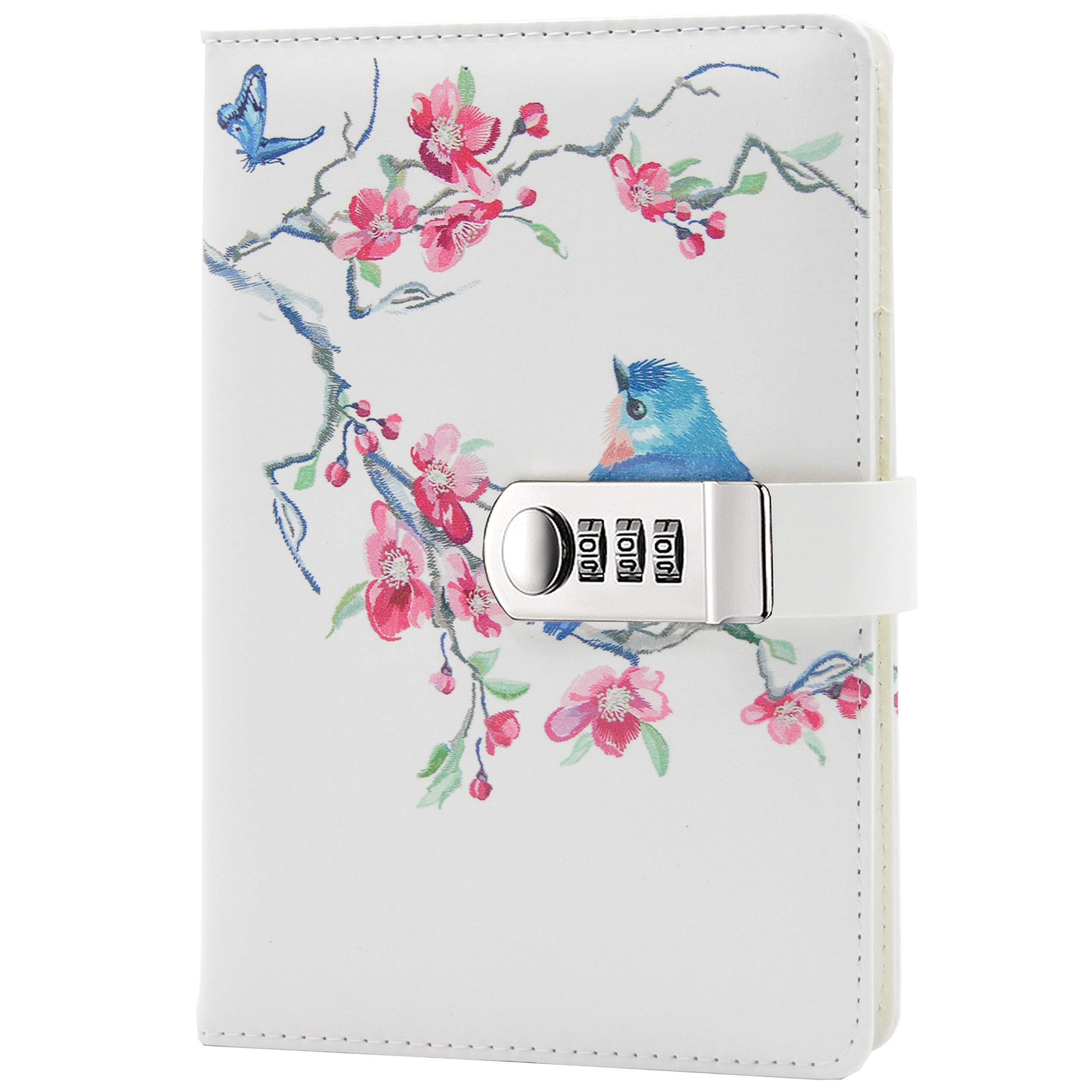 Lirener Creative PU Leather Password Lock Notebook(Bird, Flower, Butterfly, Trees), A5 Diary Journal Sketchbook Daily Planner Agenda Notepad with Combination Lock Pen Holder and Card Slots, 150x215mm