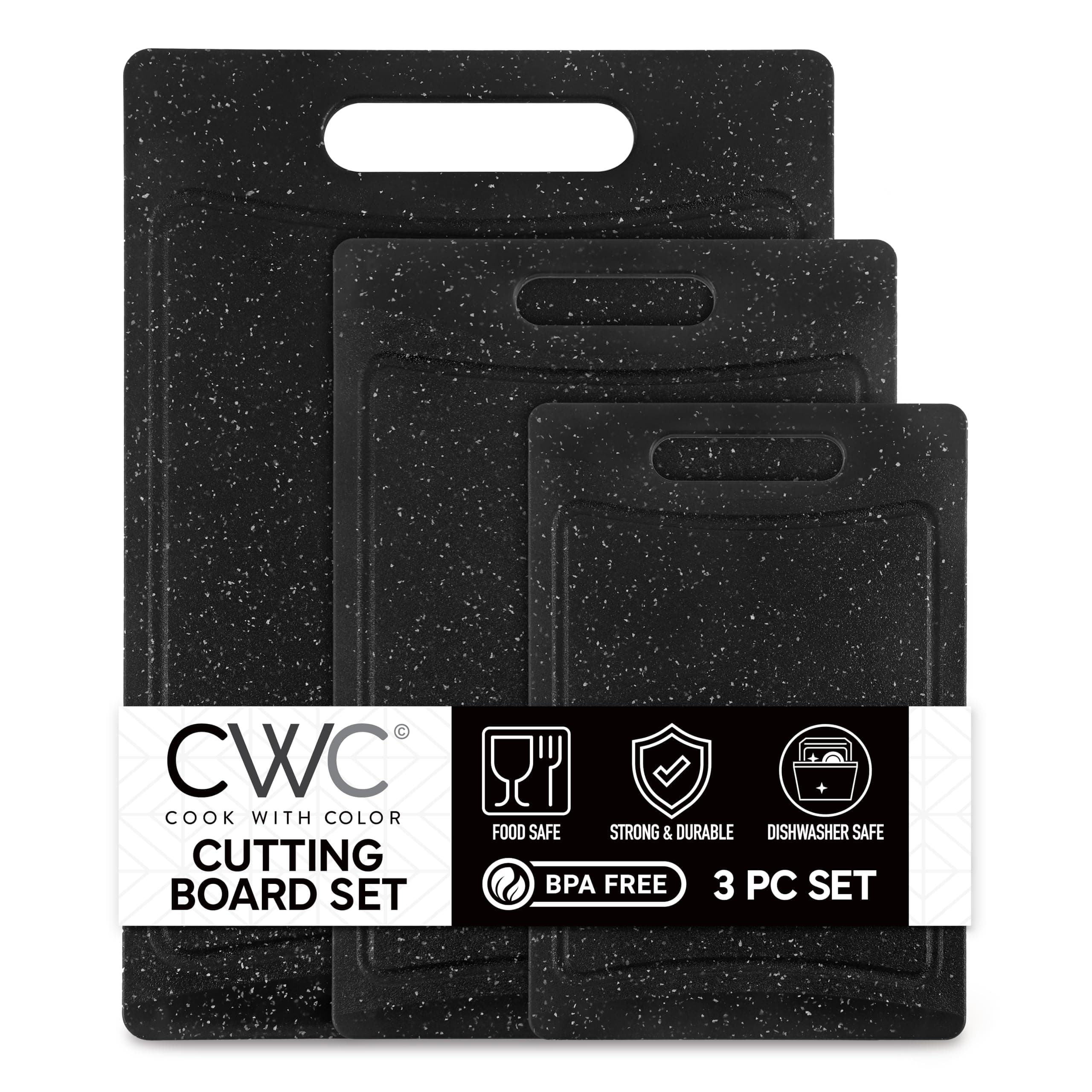 COOK WITH COLOR Non-Slip Cutting Board Set – Kitchen Essentials with Easy Grip Handle for Meat, Veggies, and Fruits, 3 Cutting Boards, Speckled Black