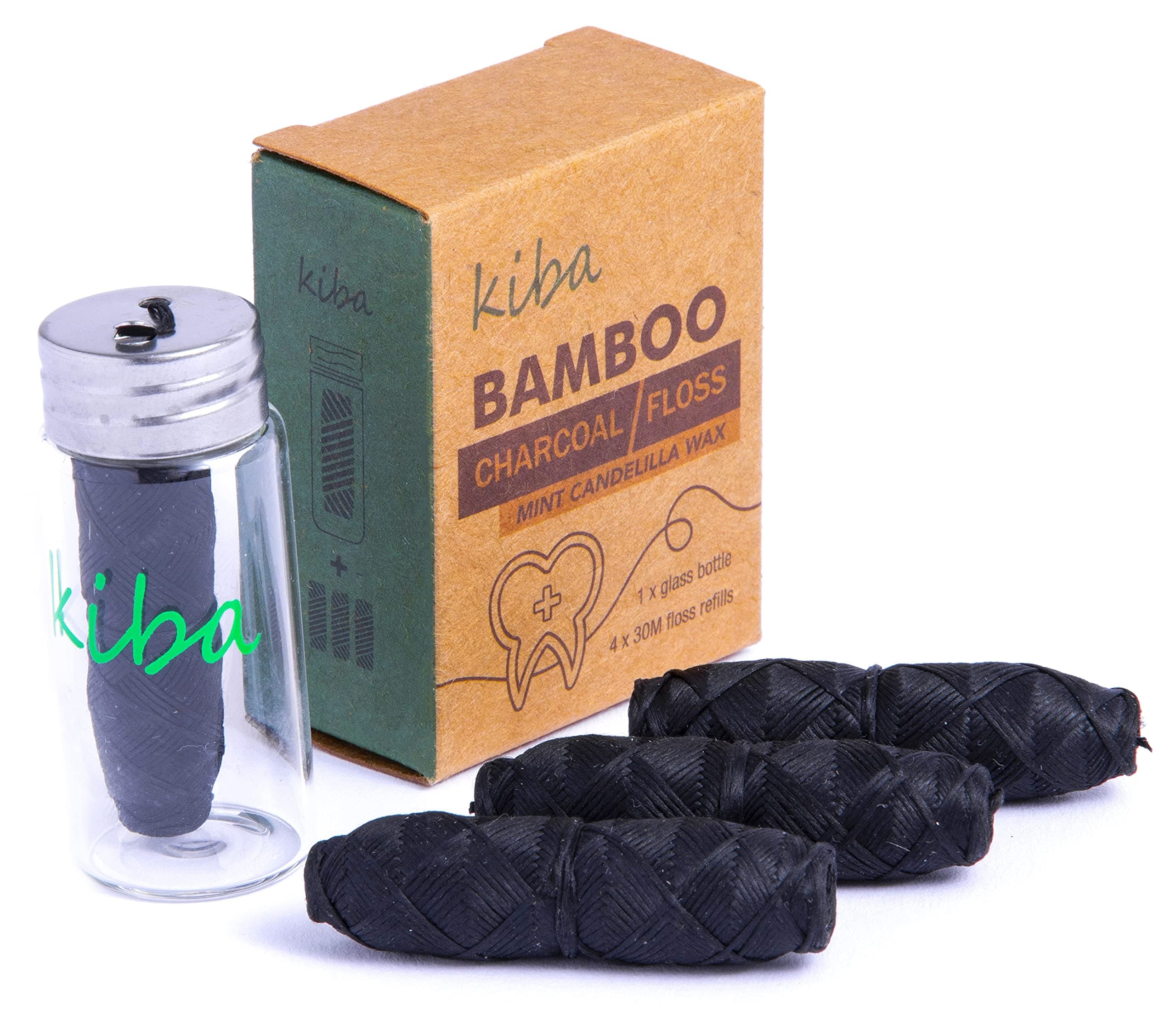Bamboo Charcoal Floss w/Reusable Floss Container 5 pc Kit (1 Glass Floss Container + 4x30m Dental Floss Refills) - Eco Friendly Floss w/Candelilla Wax - Mint - Vegan