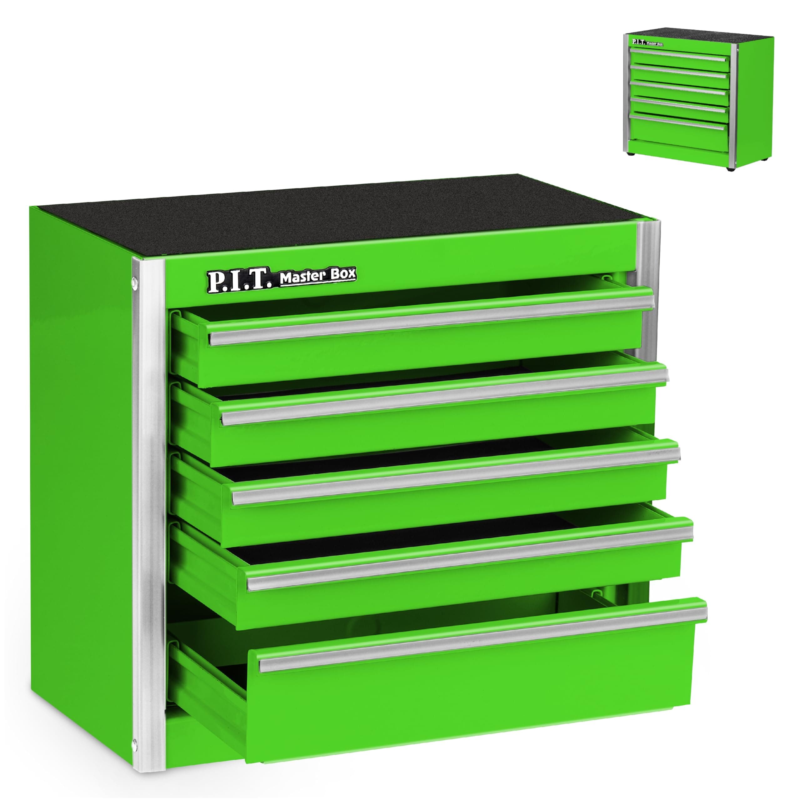 P.I.T. Mini Green Tool Box, Portable 5-Drawer Micro Roll Cab Steel Tool Box with Liner, Green Small Tool Case for Tools Storage, Home DIY