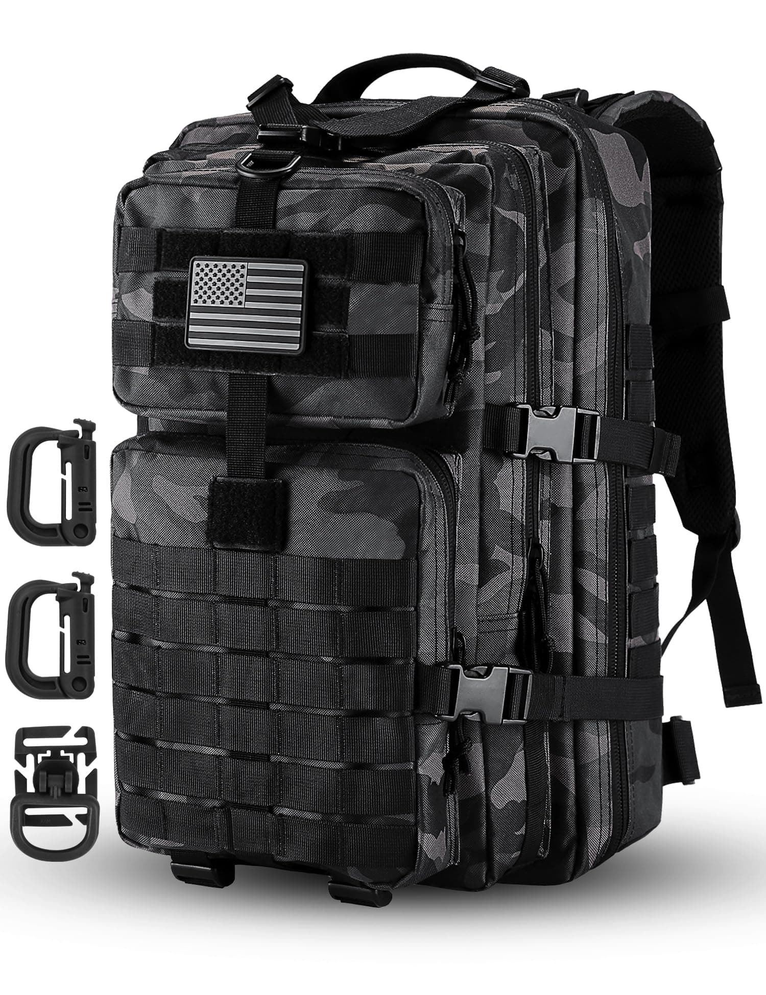 Hannibal Tactical MOLLE Assault Pack, Tactical Backpack Military Army Camping Rucksack, 3-Day Pack Trip w/USA Flag Patch, D-Rings, Black Camo