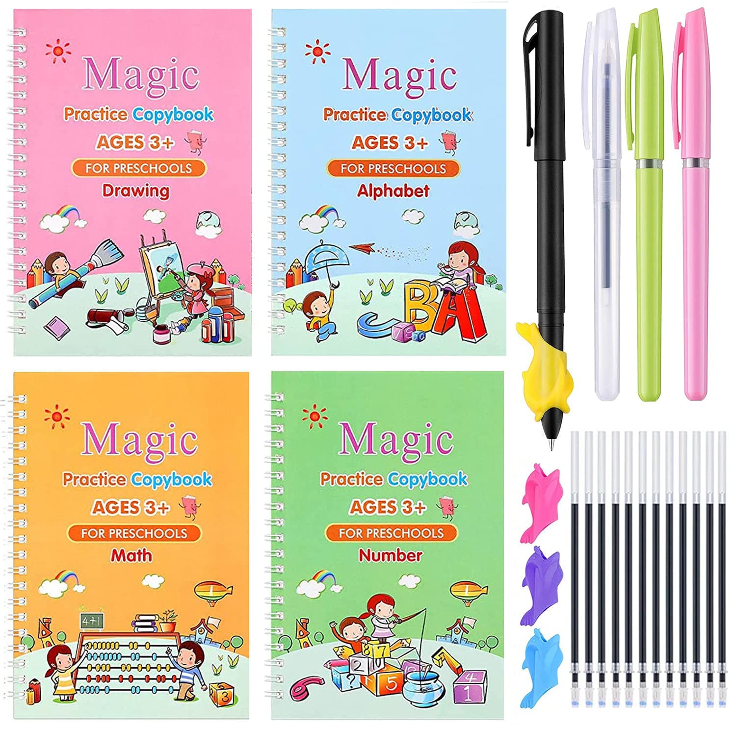 Magic Practice Copybook, Reusable Handwriting Practice Book for Kids Calligraphic (4 Book+1 Set Pen)