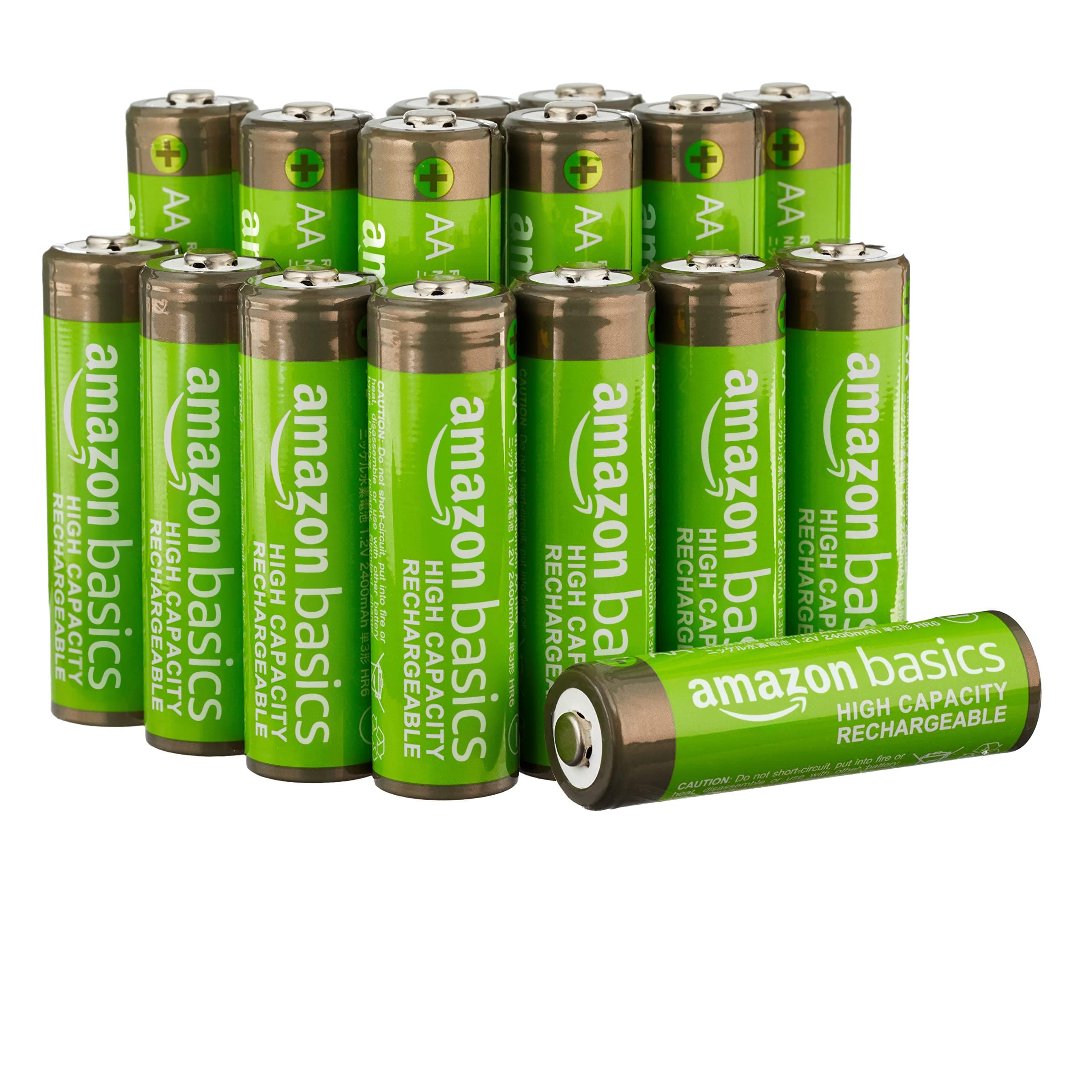 Amazon Basics 16-Pack Rechargeable AA NiMH High-Capacity Batteries, 2400 mAh, 1.2V, Recharge up to 400x Times, Pre-Charged