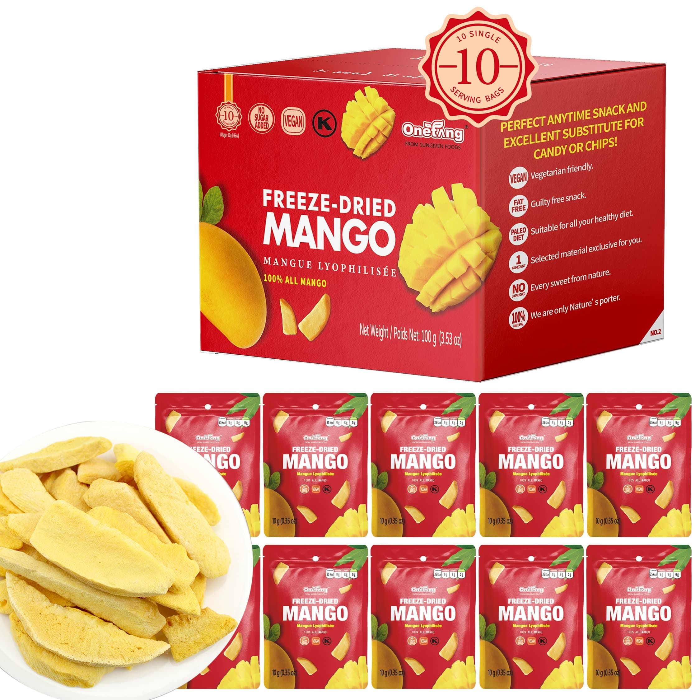 Freeze-Dried Fruit Mango Chips, 10 Pack Single-Serve Pack, Non GMO, Kosher, No Add Sugar, Gluten free, Vegan, Holiday Gifts, Healthy Snack 0.35 Ounce