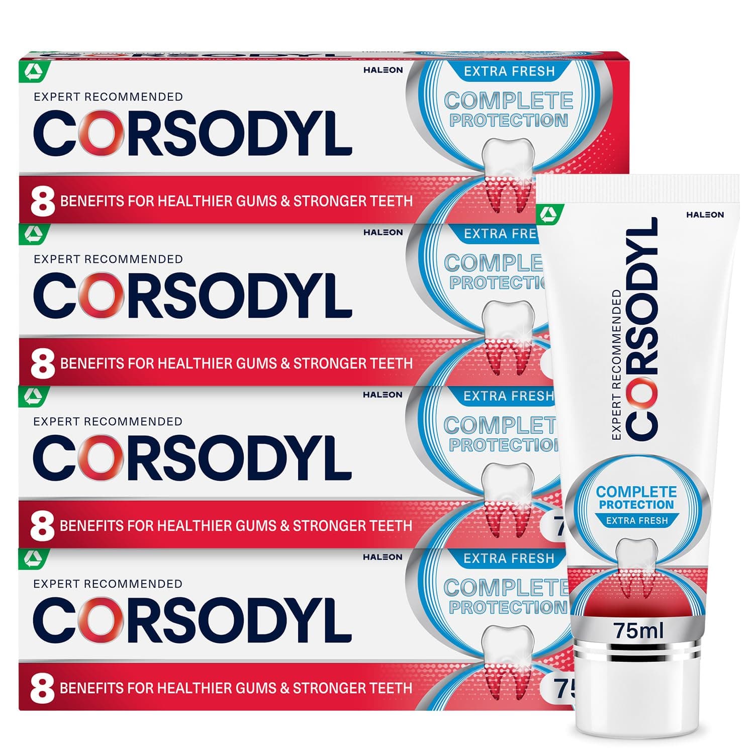 Corsodyl Complete Protection Toothpaste, Extra Fresh, Gum care, Fluoride toothpaste, 4x75ml